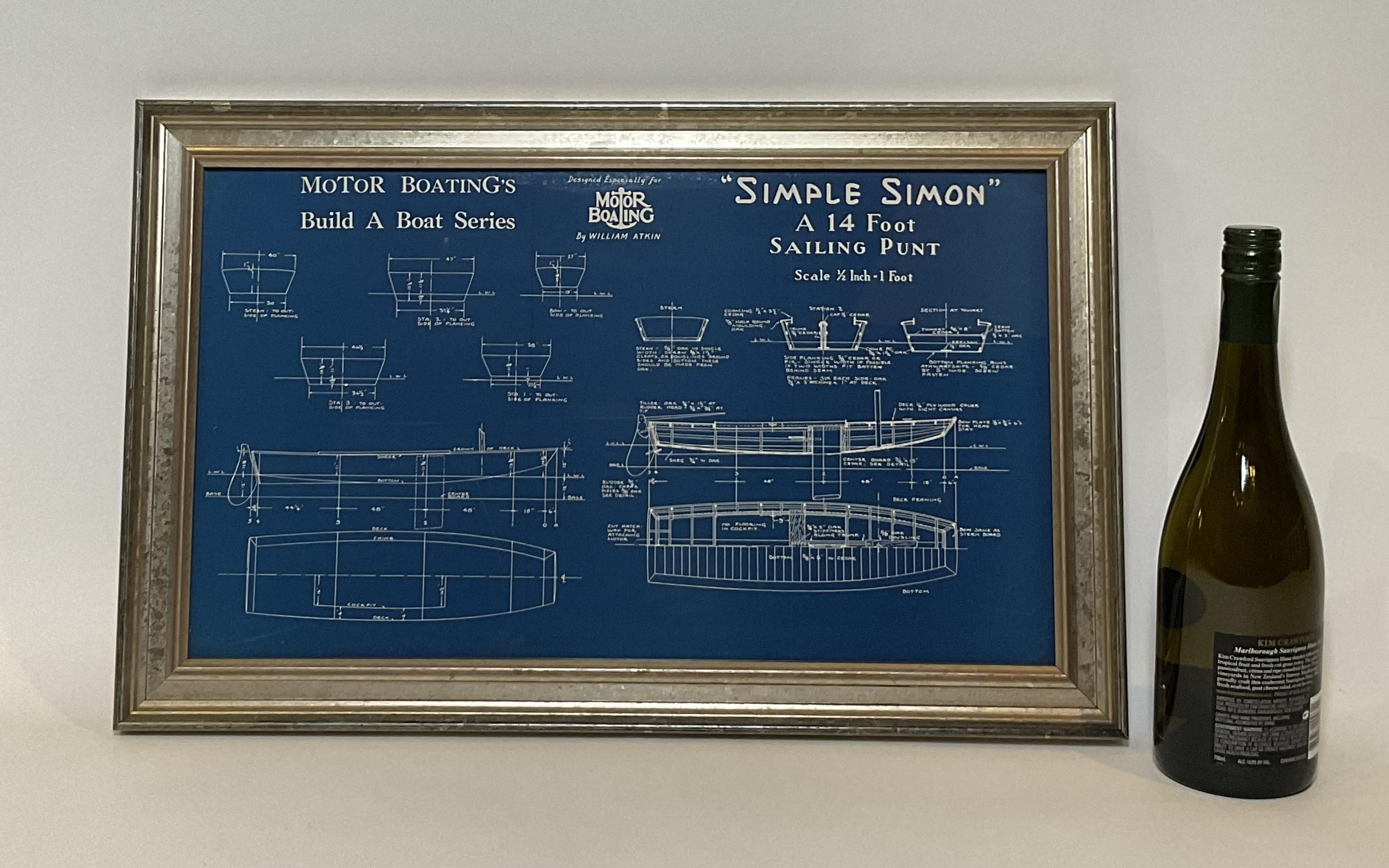 Gerahmte Blaupause, die einen vierzehn Fuß langen Segelkahn namens Simple Simon zeigt. Der Plan stammt von Motor Boating Publishing aus den 1930er Jahren. Zeigt alle Konstruktionsdetails. Schön gerahmt.

Gesamtabmessungen: 14 