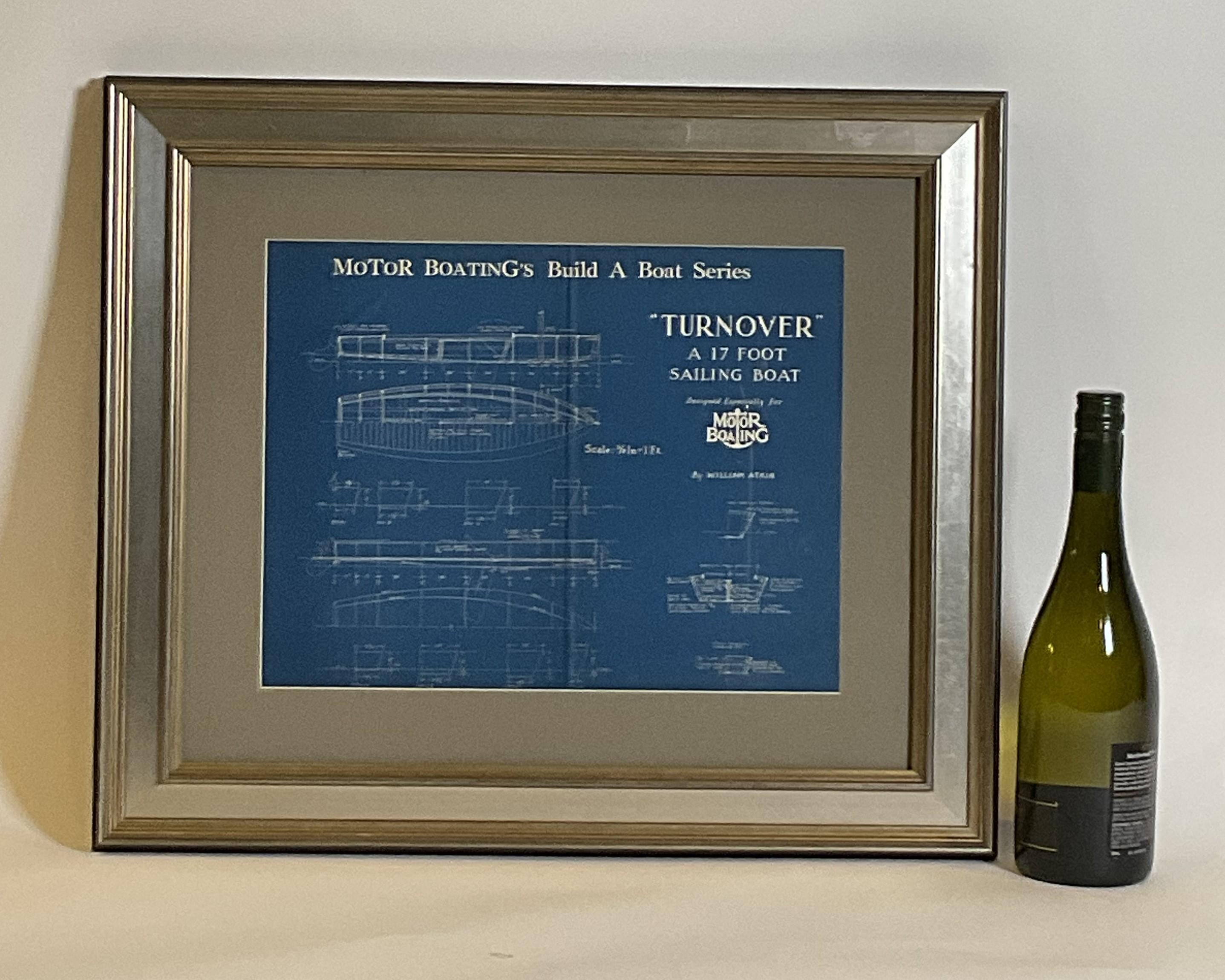 Framed blueprint of the sailboat turnover, designed by William Atkin for Motor Boating Publishing. Showing hull lines, deck, and profile. Circa 1937.

Weight: 6 lbs.
Overall Dimensions: 19