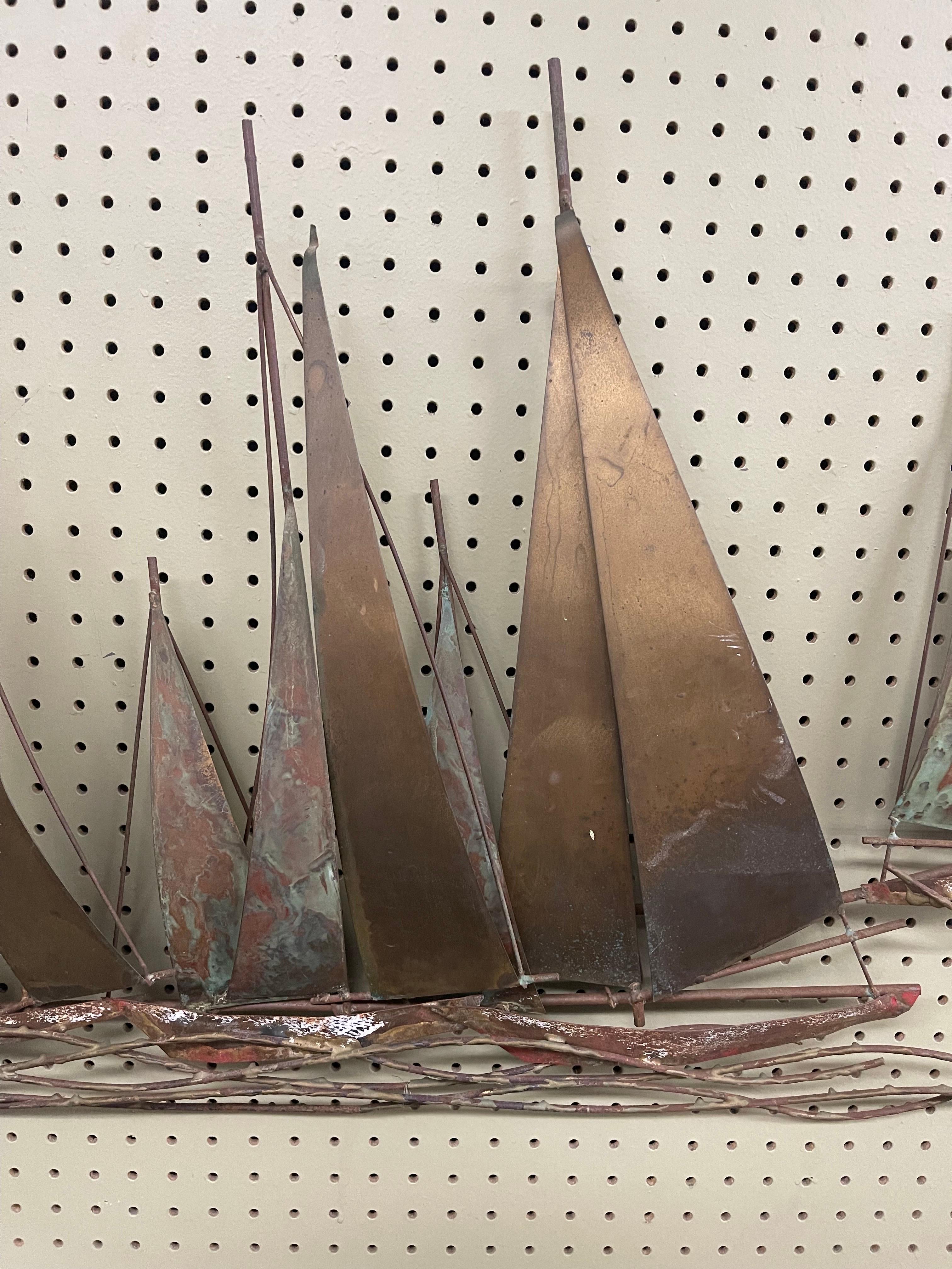 Brass Sailboat Regatta Mixed Metal Wall Sculpture by C. Jere for Artisian House For Sale