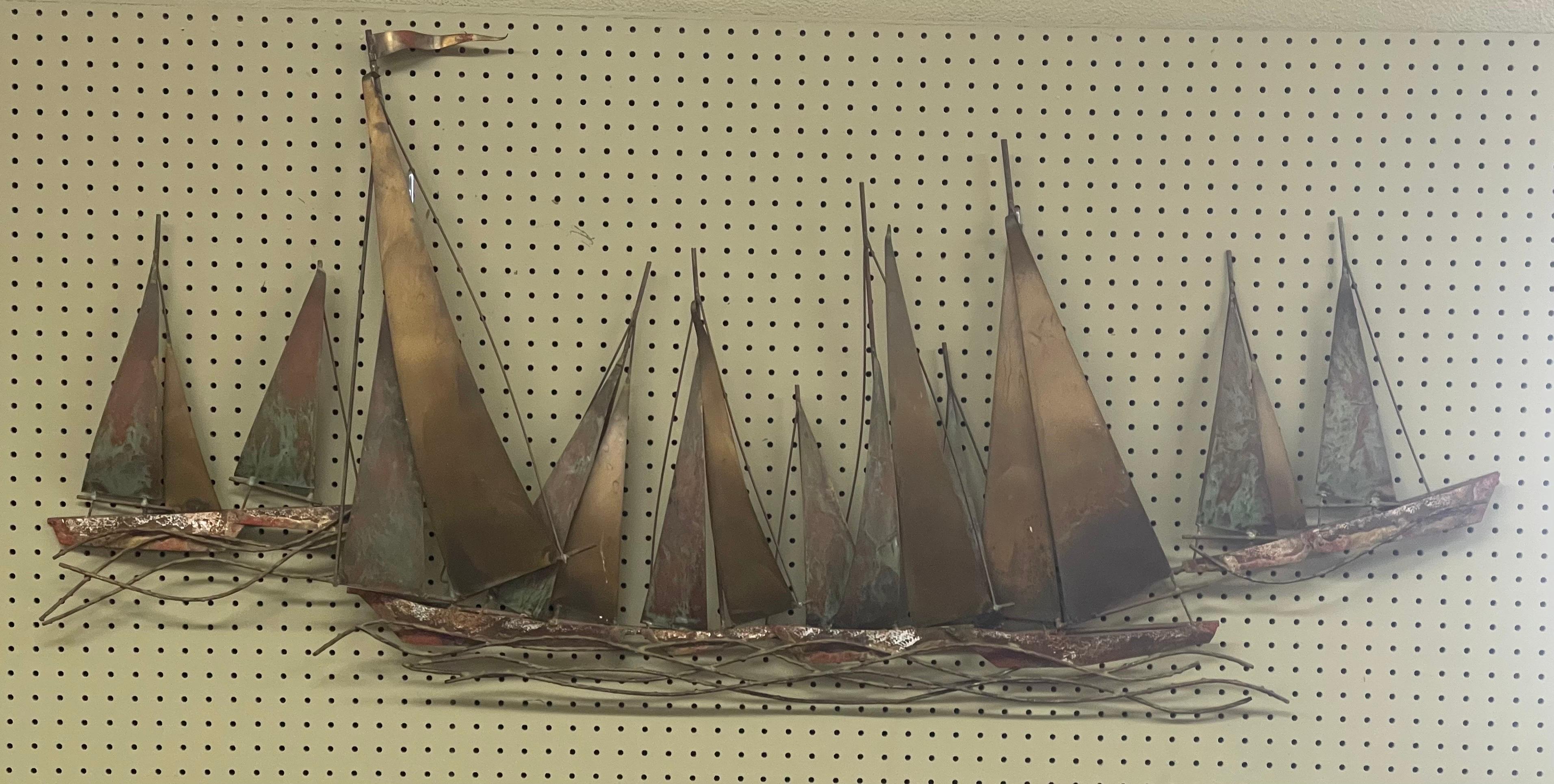 Mid-Century Modern Sailboat Regatta Mixed Metal Wall Sculpture by C. Jere for Artisian House For Sale