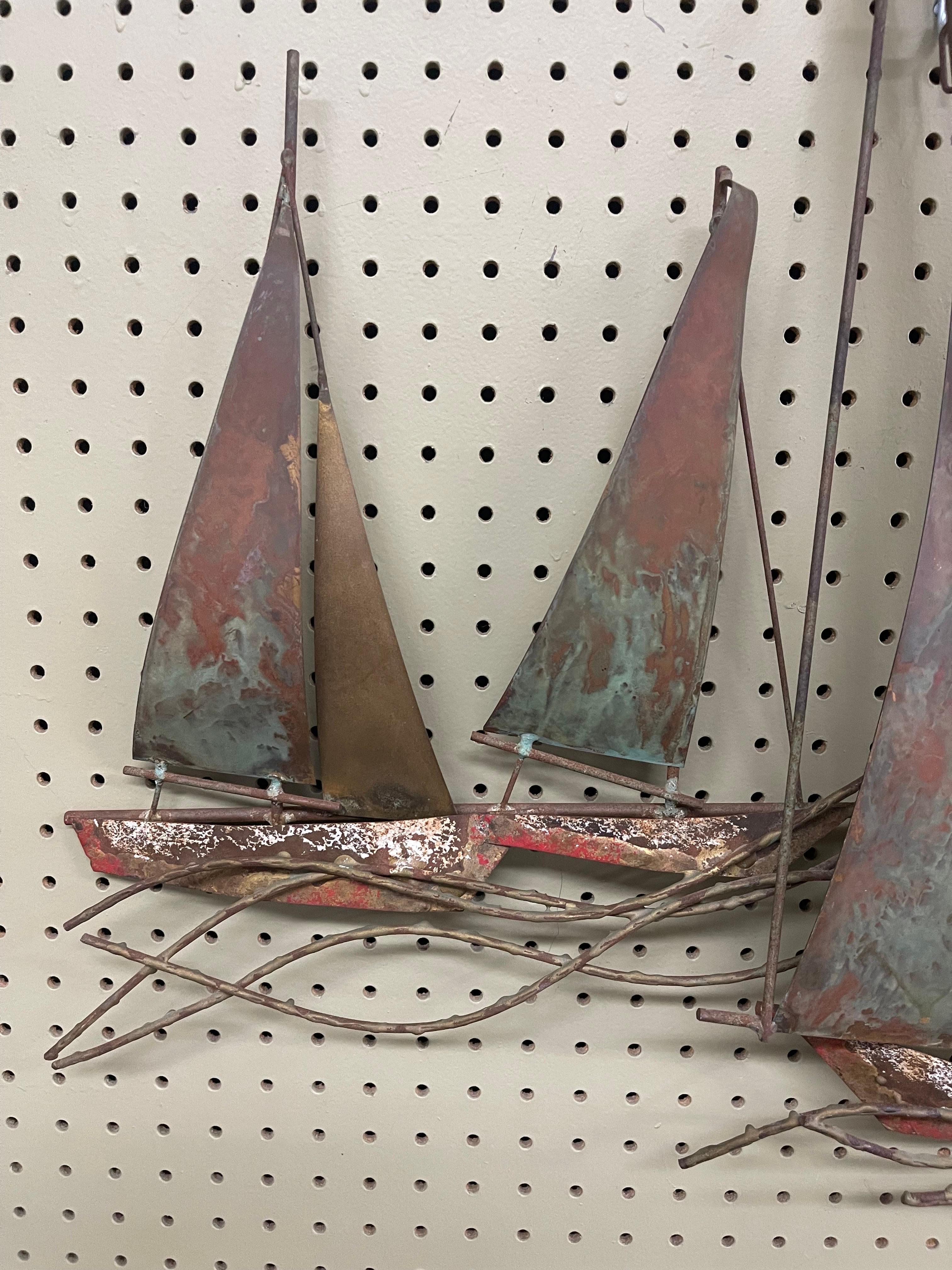 American Sailboat Regatta Mixed Metal Wall Sculpture by C. Jere for Artisian House For Sale