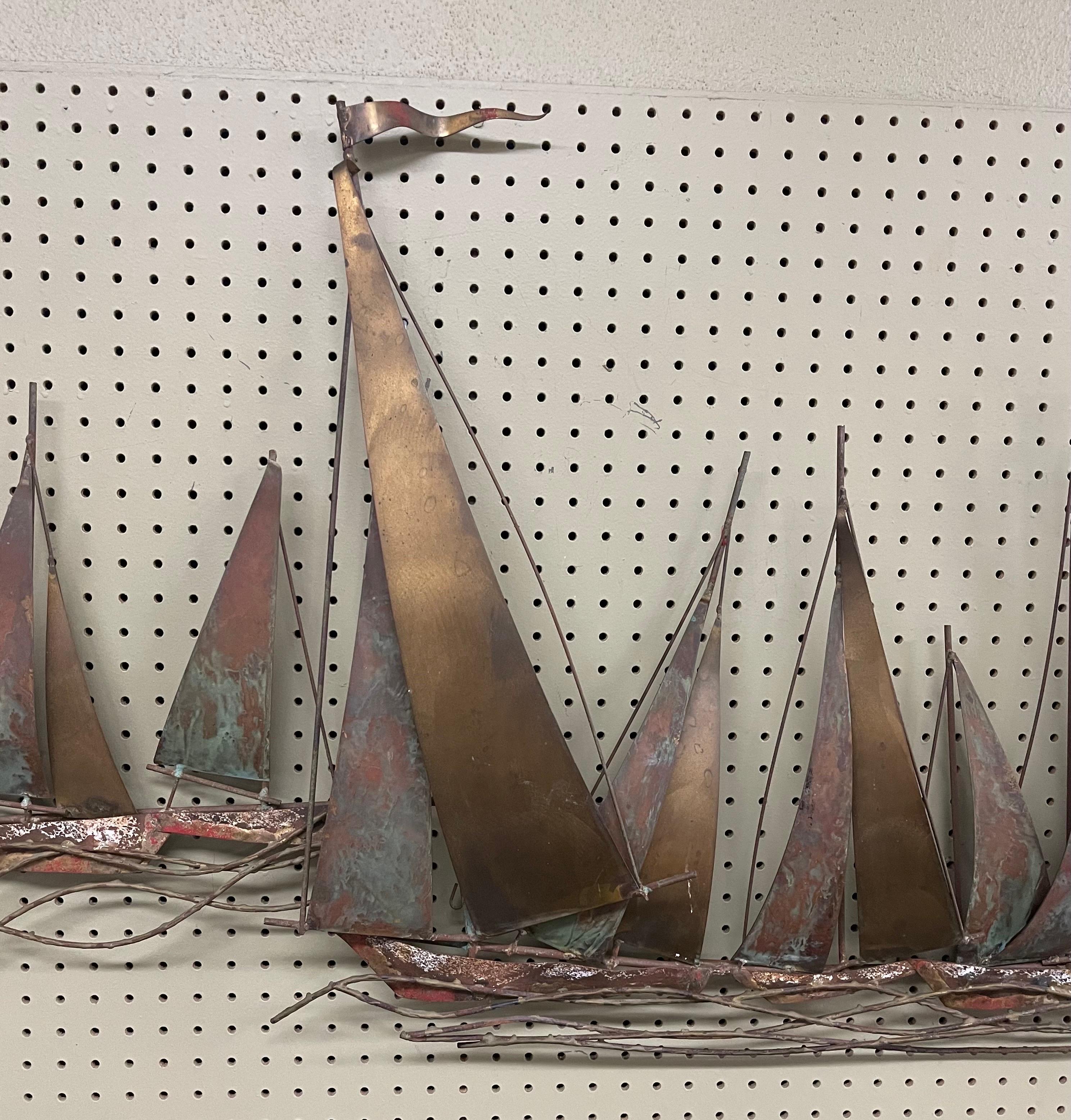 Sailboat Regatta Mixed Metal Wall Sculpture by C. Jere for Artisian House In Good Condition For Sale In San Diego, CA