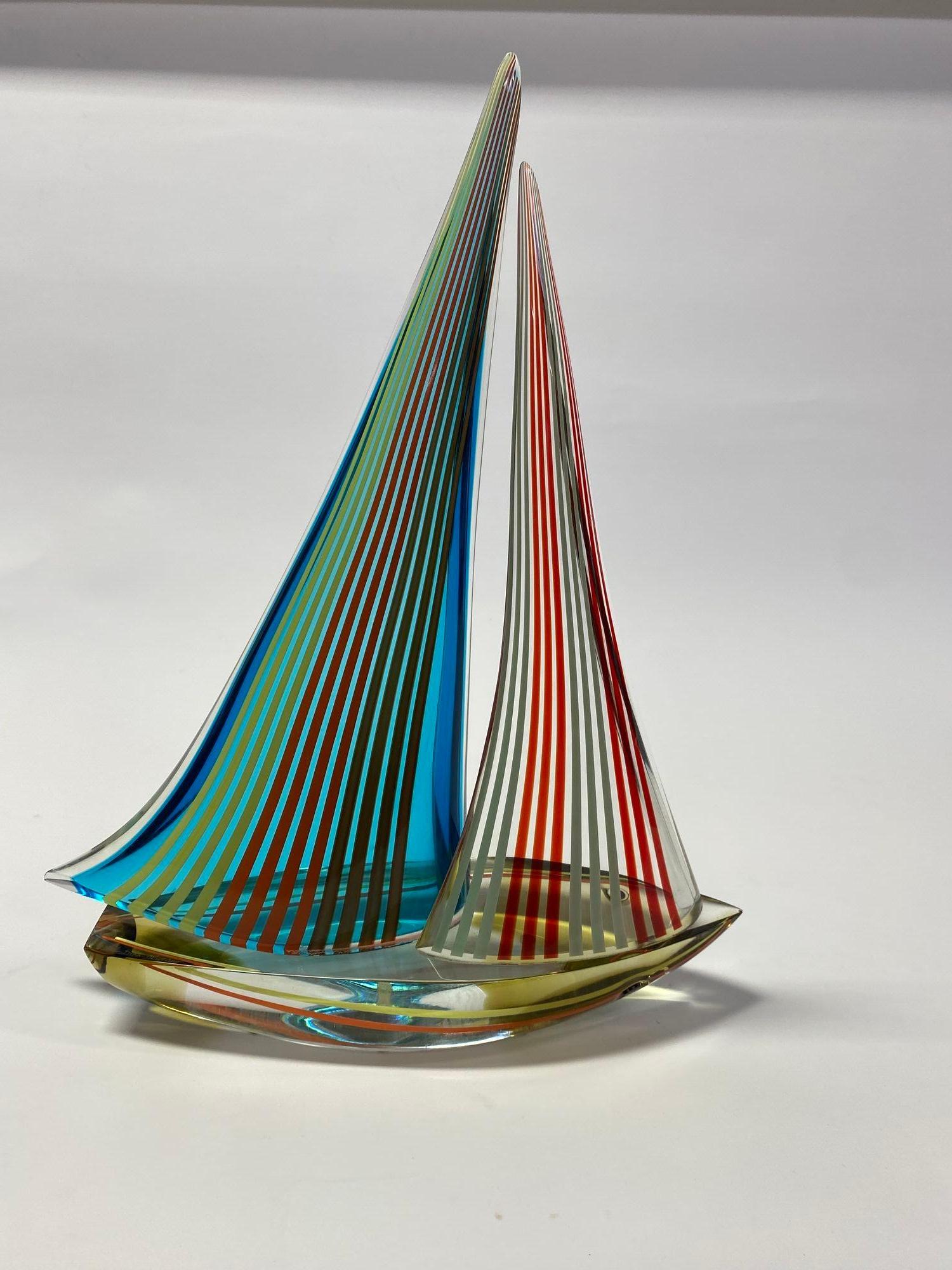 Vintage Italian double sail boat hand blown and crafted in multi color Murano glass by Alberto Dona' Signed “Alberto Dona” on the base / Made in Italy in the 1980’s Height: 21 inches / Width: 17 inches / Depth: 6 inches.