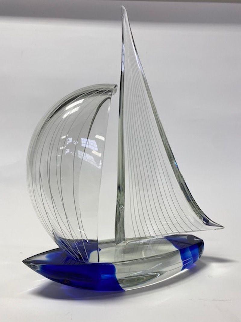 Vintage Italian double sailboat handblown and crafted in clear and dark blue Murano glass by Alberto Donà signed 