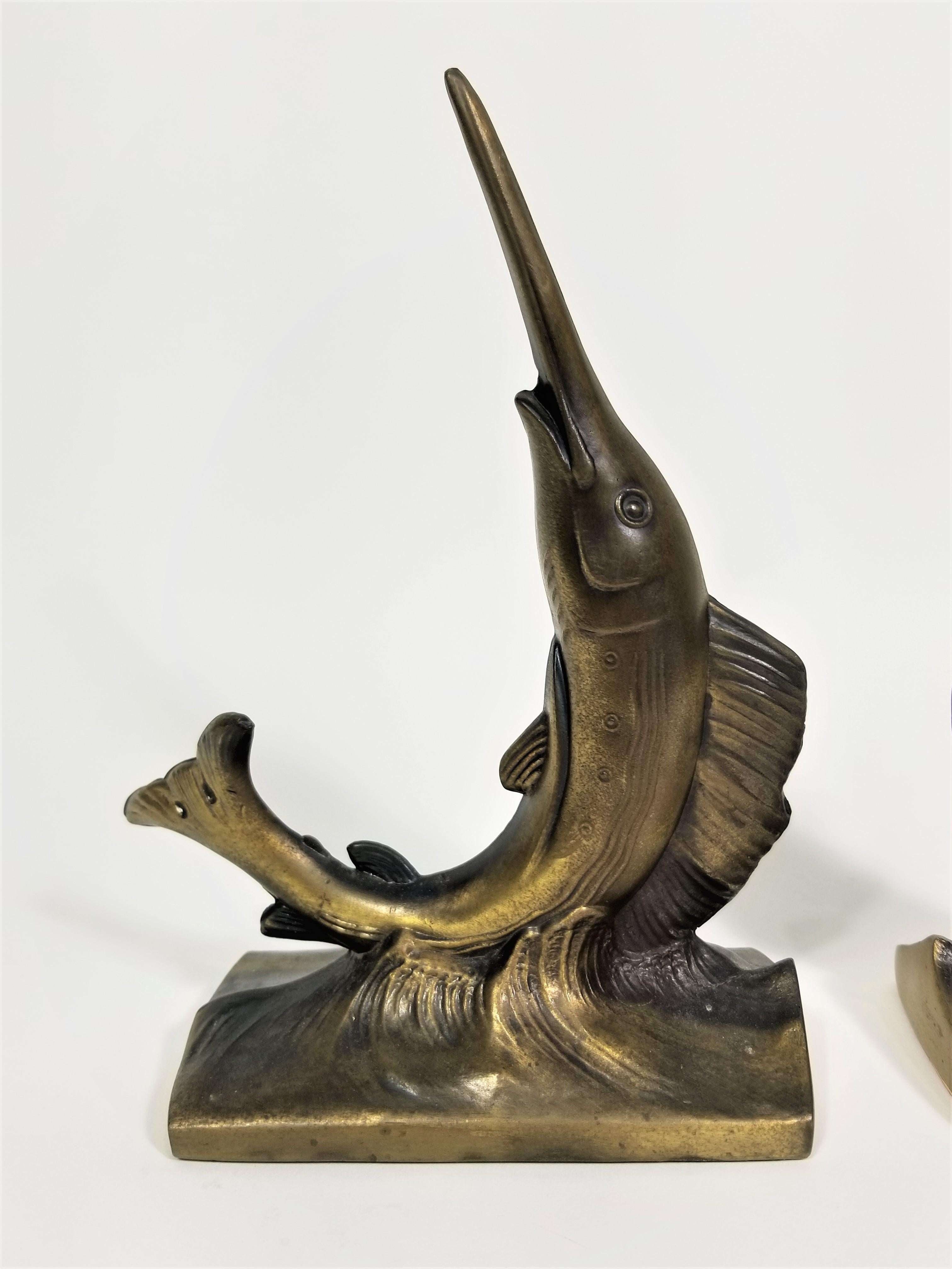 Sailfish Bookends Brass Iron Mid Century In Good Condition In New York, NY