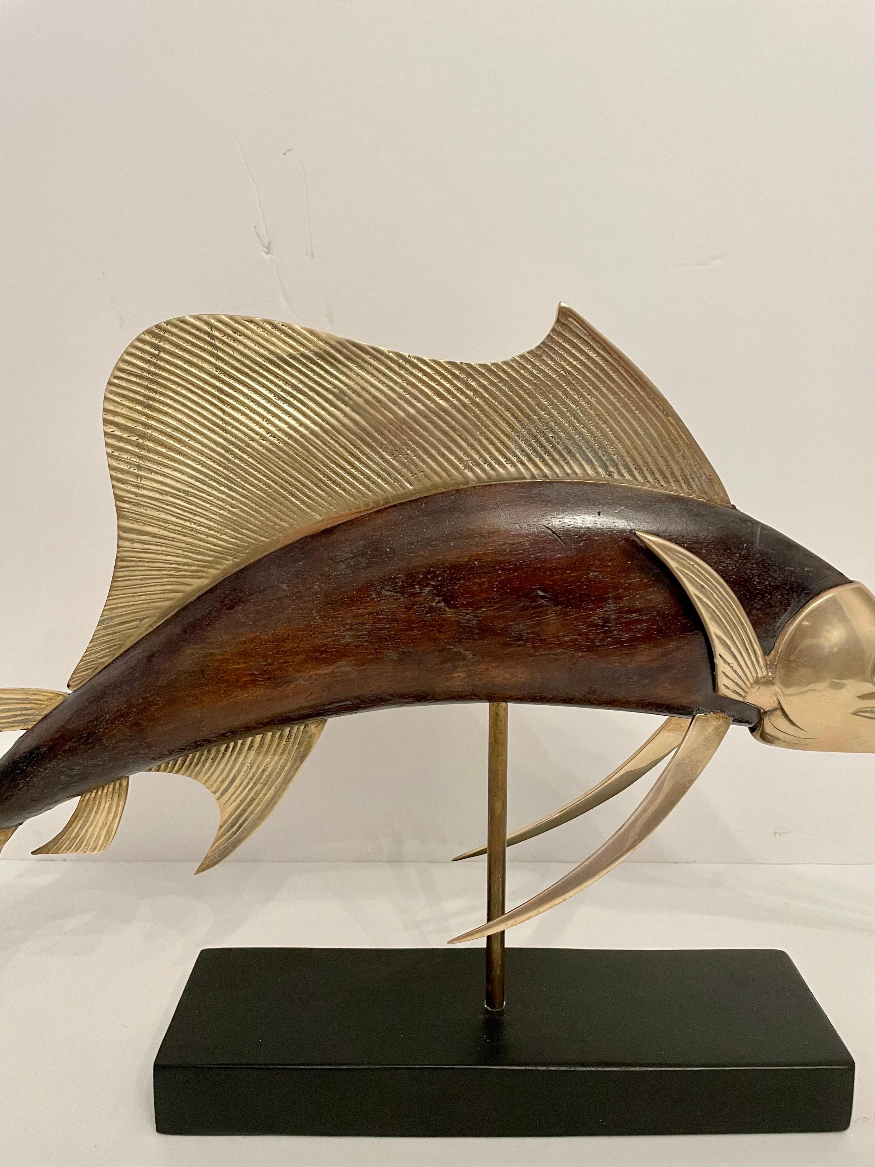 Hollywood Regency Sailfish Sculpture in Brass And Mahogany