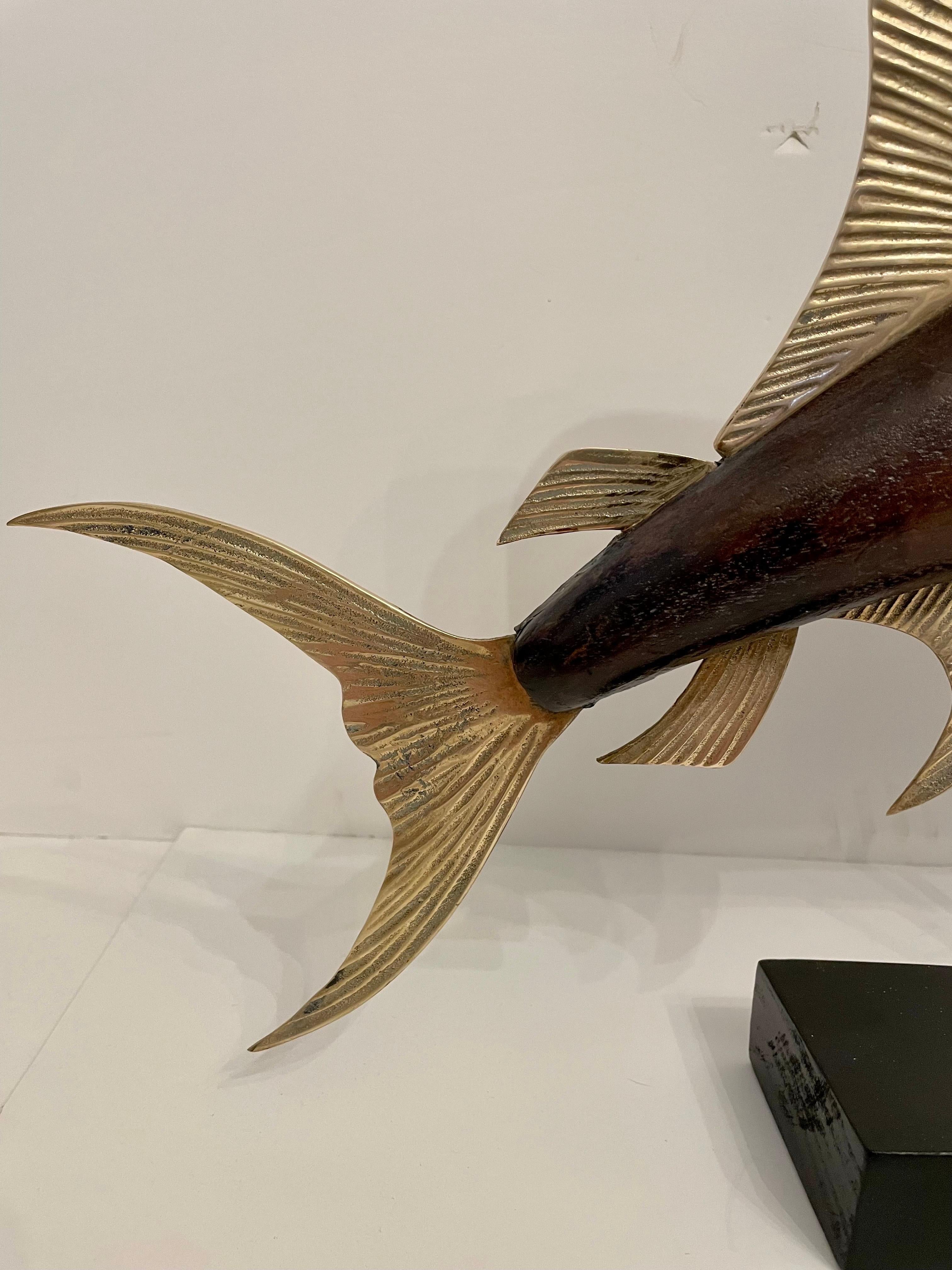 American Sailfish Sculpture in Brass And Mahogany