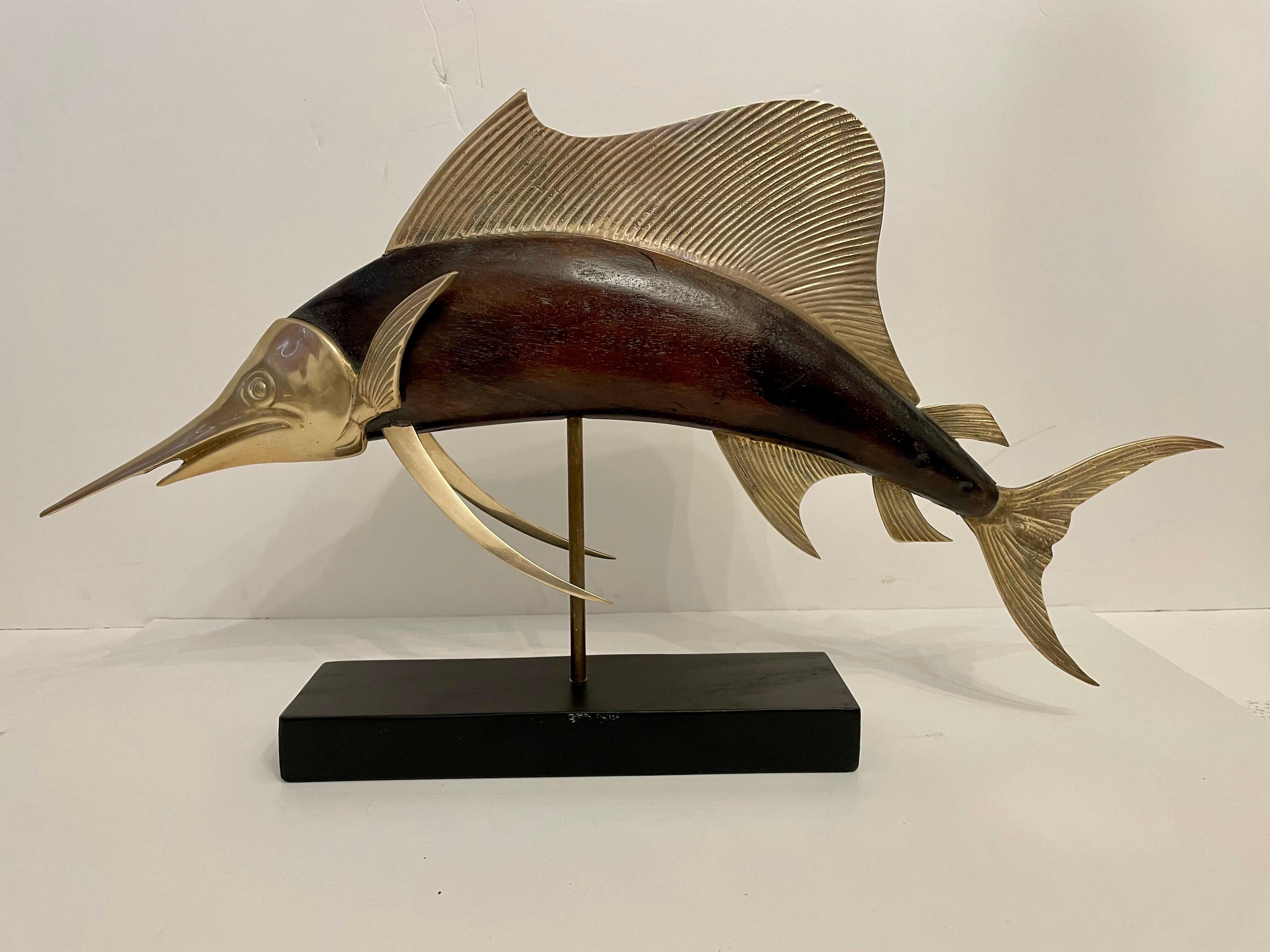 20th Century Sailfish Sculpture in Brass And Mahogany