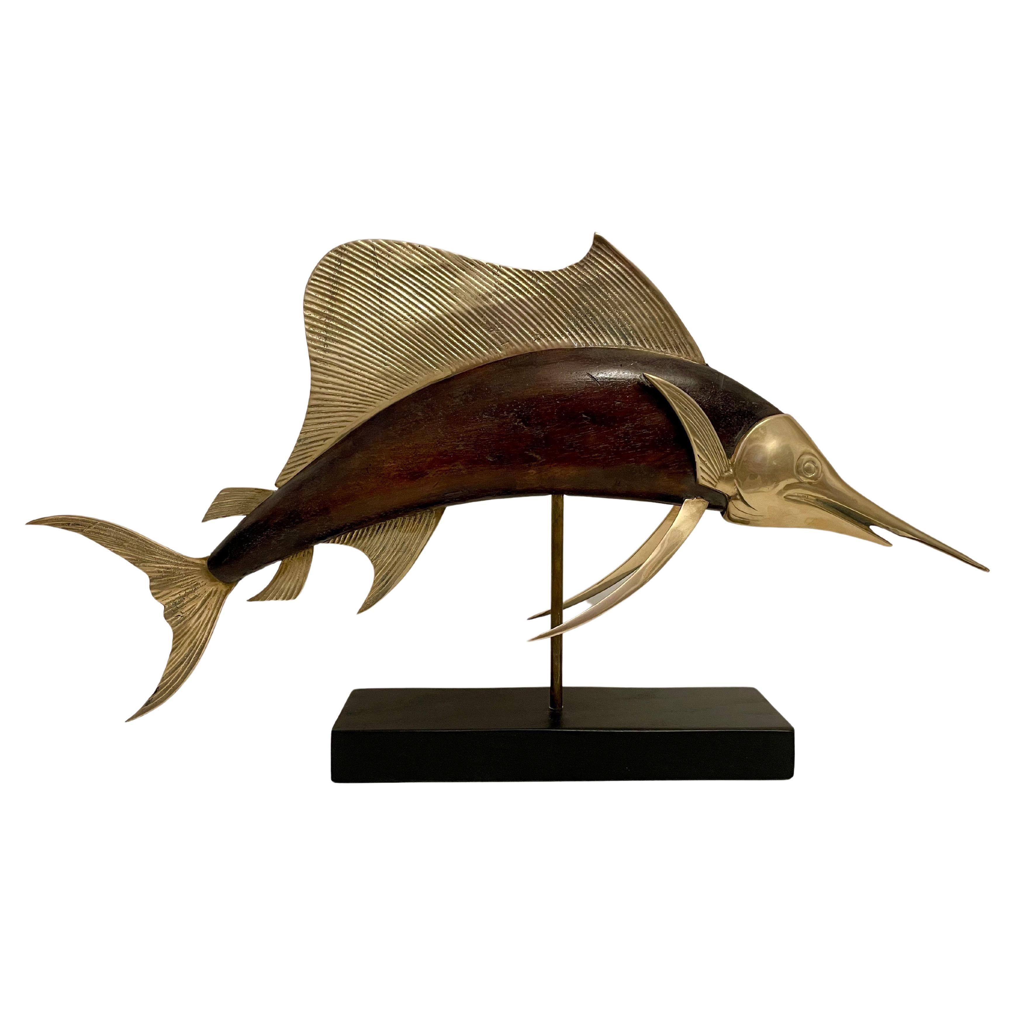 Sailfish Sculpture in Brass And Mahogany