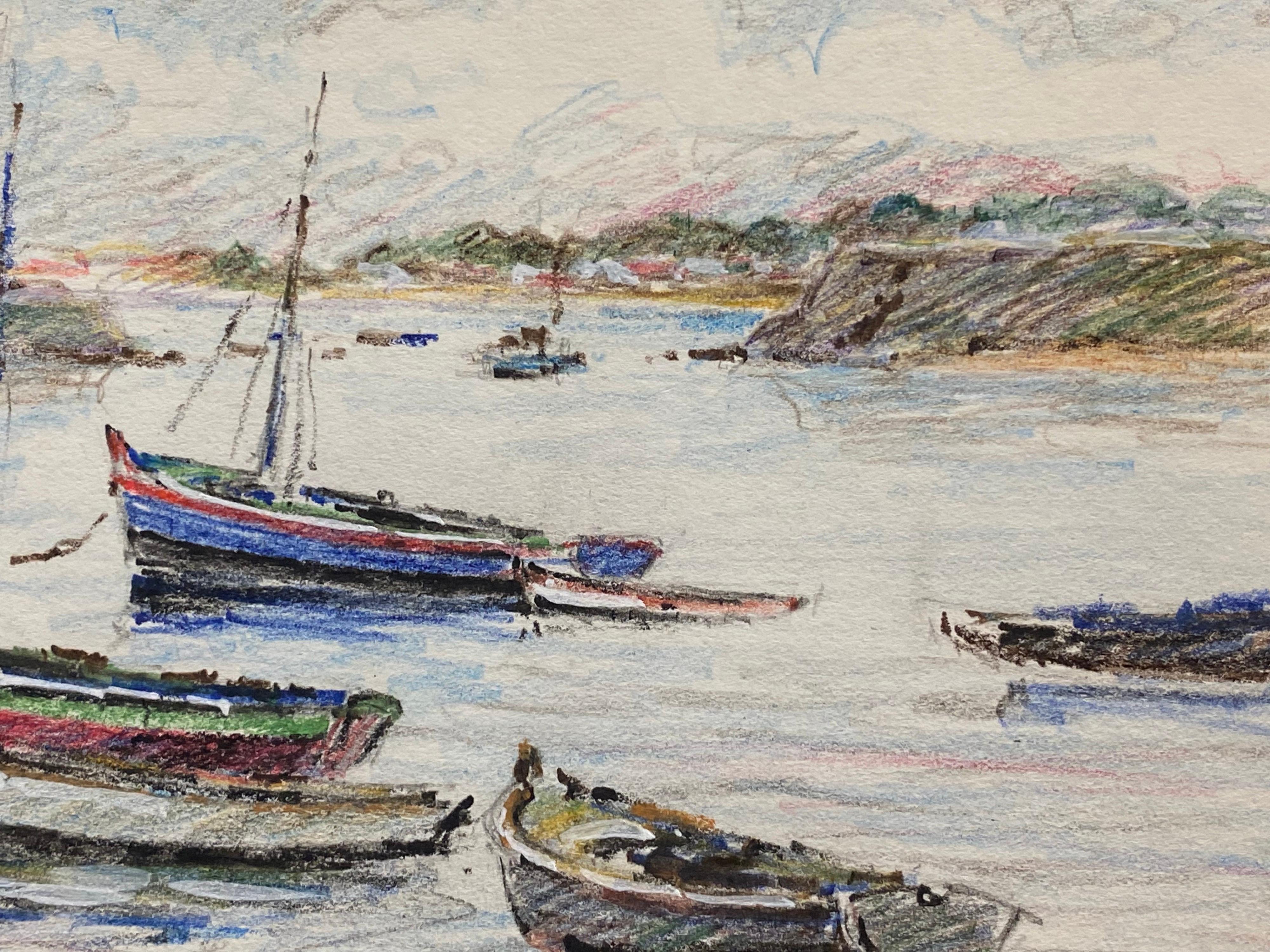 Sailing Boats Moored at Sea, French Signed Impressionist Crayon Drawing In Good Condition For Sale In Cirencester, GB