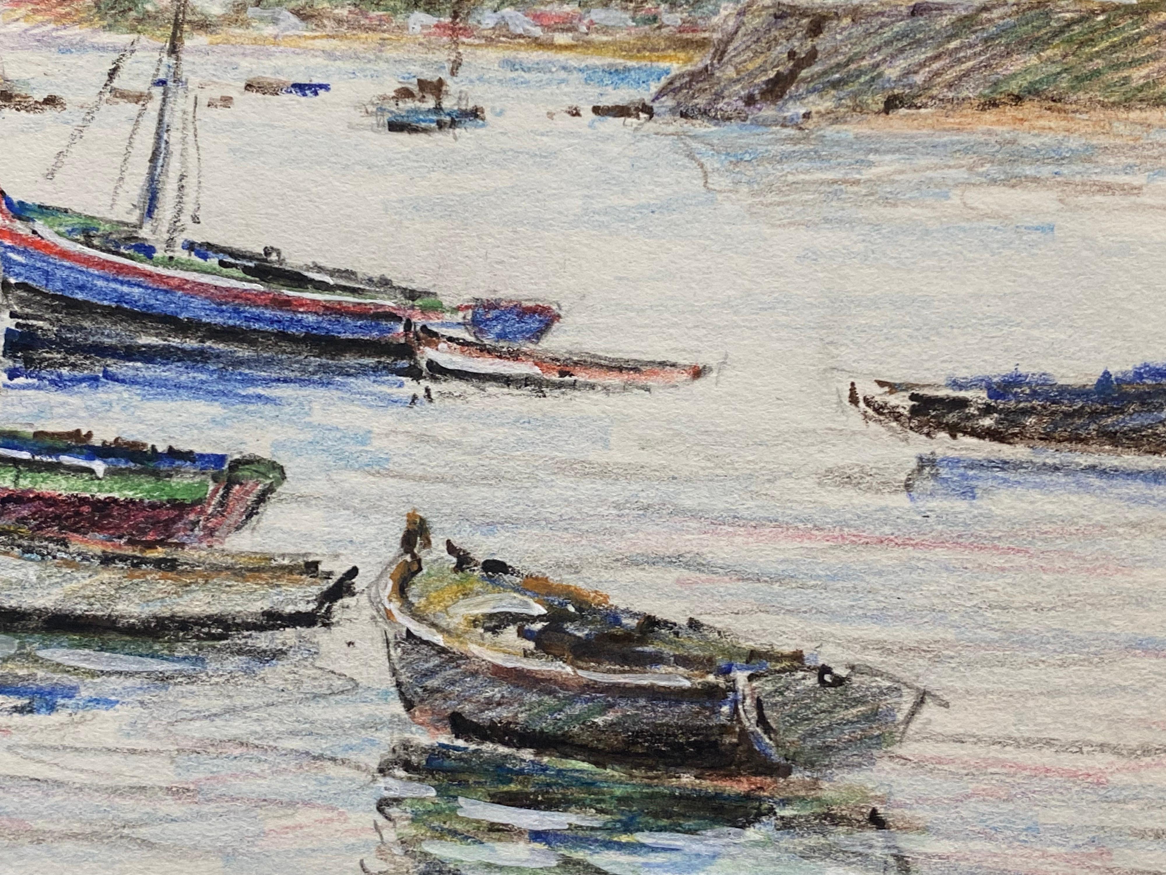 20th Century Sailing Boats Moored at Sea, French Signed Impressionist Crayon Drawing For Sale