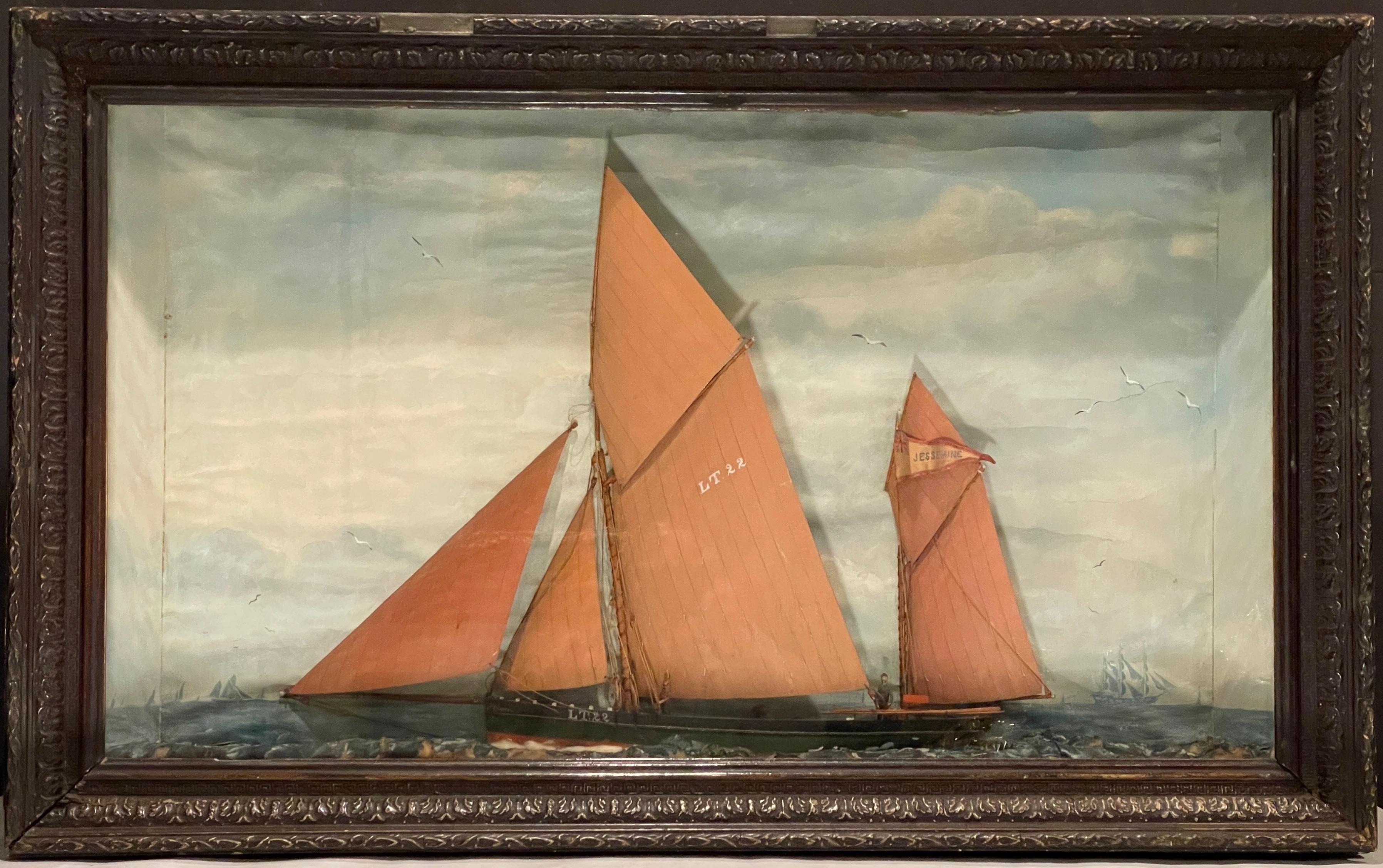 George Vempley Burwood British (1844-1917) signed and dated. Sailing ship, schooner diorama shadow box with figures and painted background.