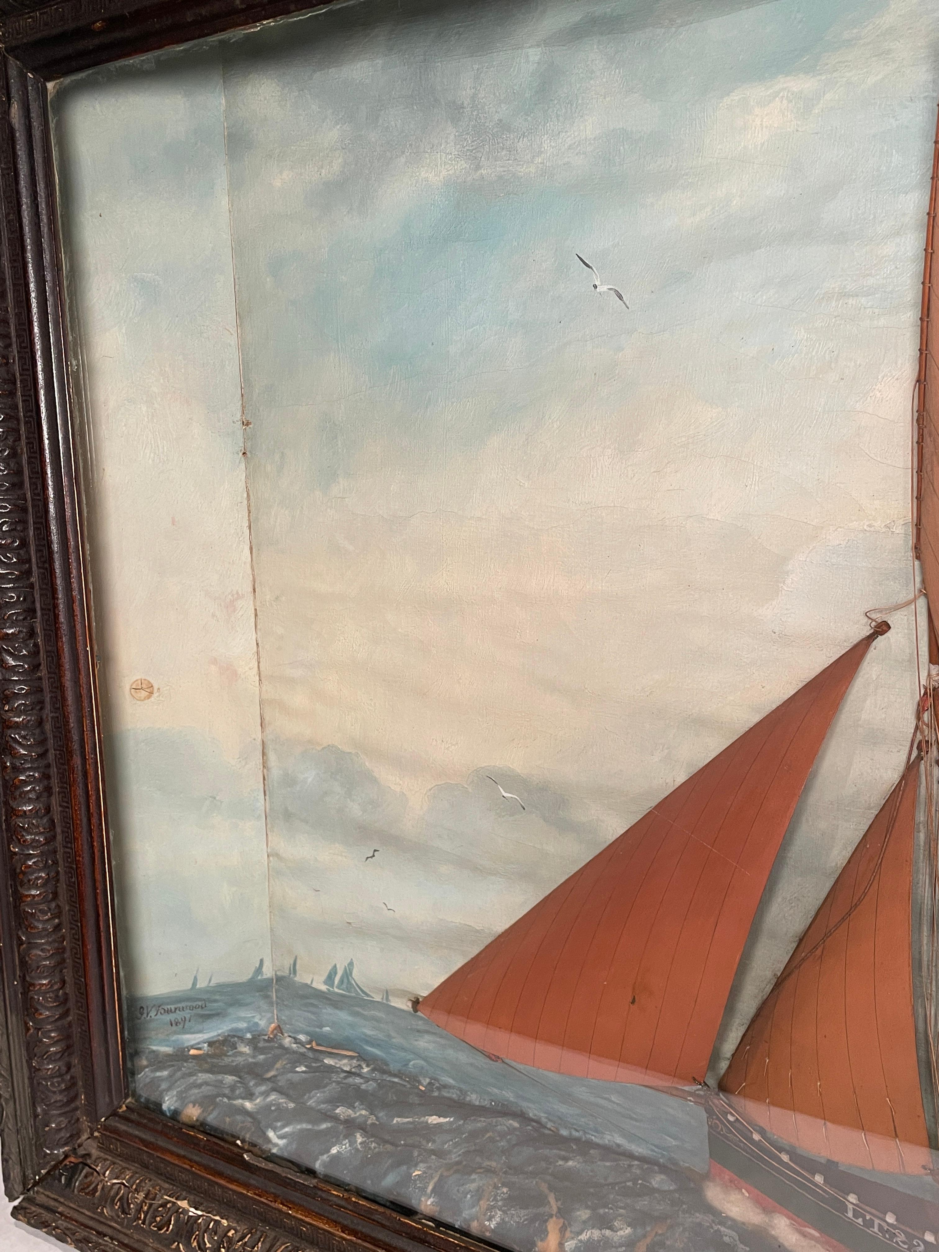 Hand-Crafted Sailing Ship Diorama 19th Century Signed For Sale