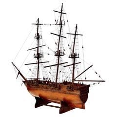 Sailing Ship Model, Three-Masted Pearwood Maritime Model, Circa 1890