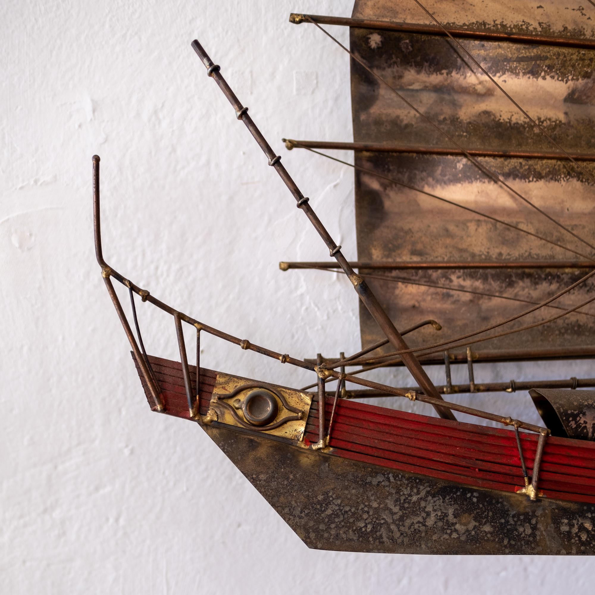 Vintage sailing ship wall sculpture by Curtis Jere for Artisan House. Intricate and detailed work. Nice
age-appropriate patina. Mounting tabs on back. Signed. USA, 1970s.