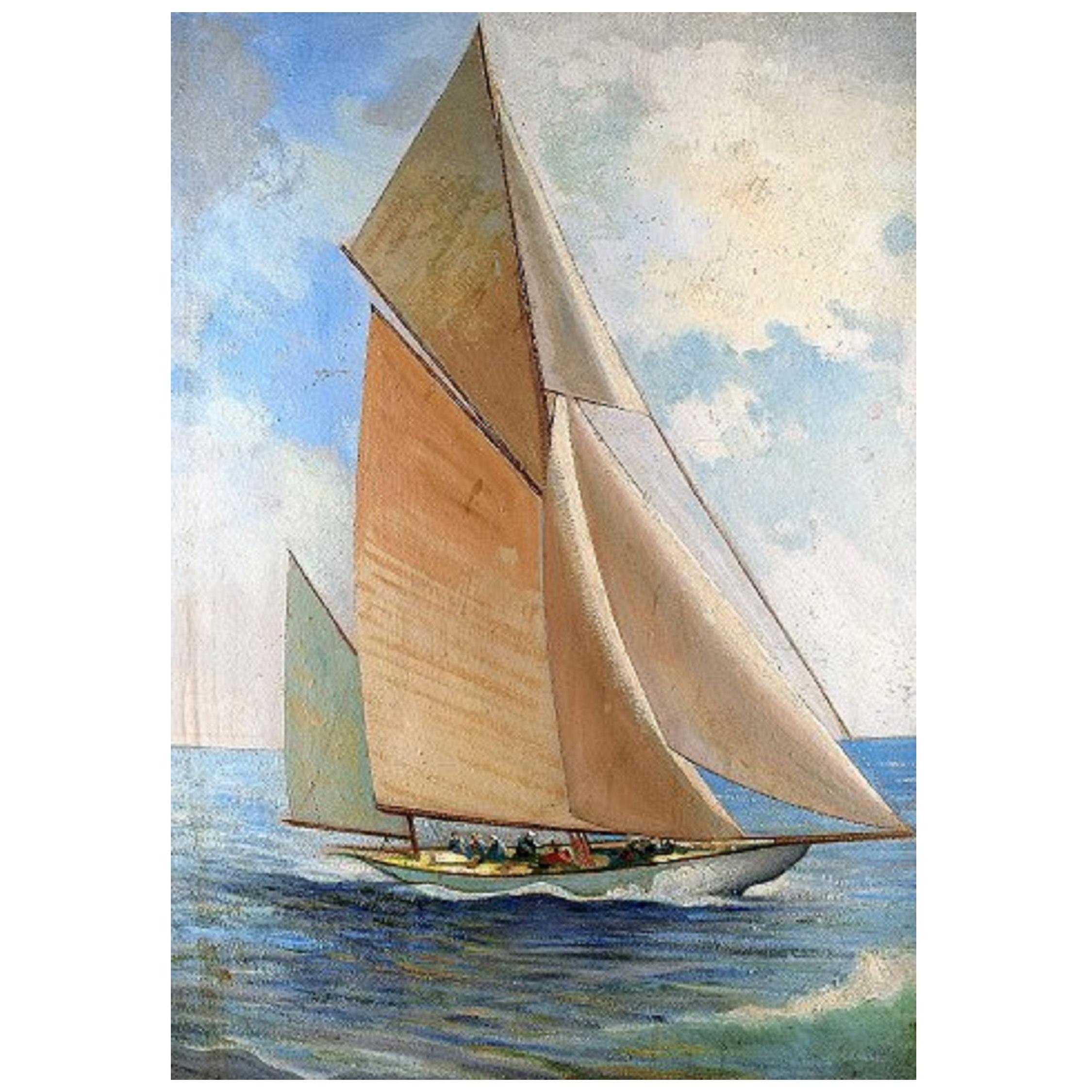 "Sailing Ship with White Sails" Oil on Board, Mid-20th Century For Sale