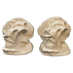 "Sailing Ships", Ivory-Hued Art Deco Porcelain Bookends by Rookwood, 1934
