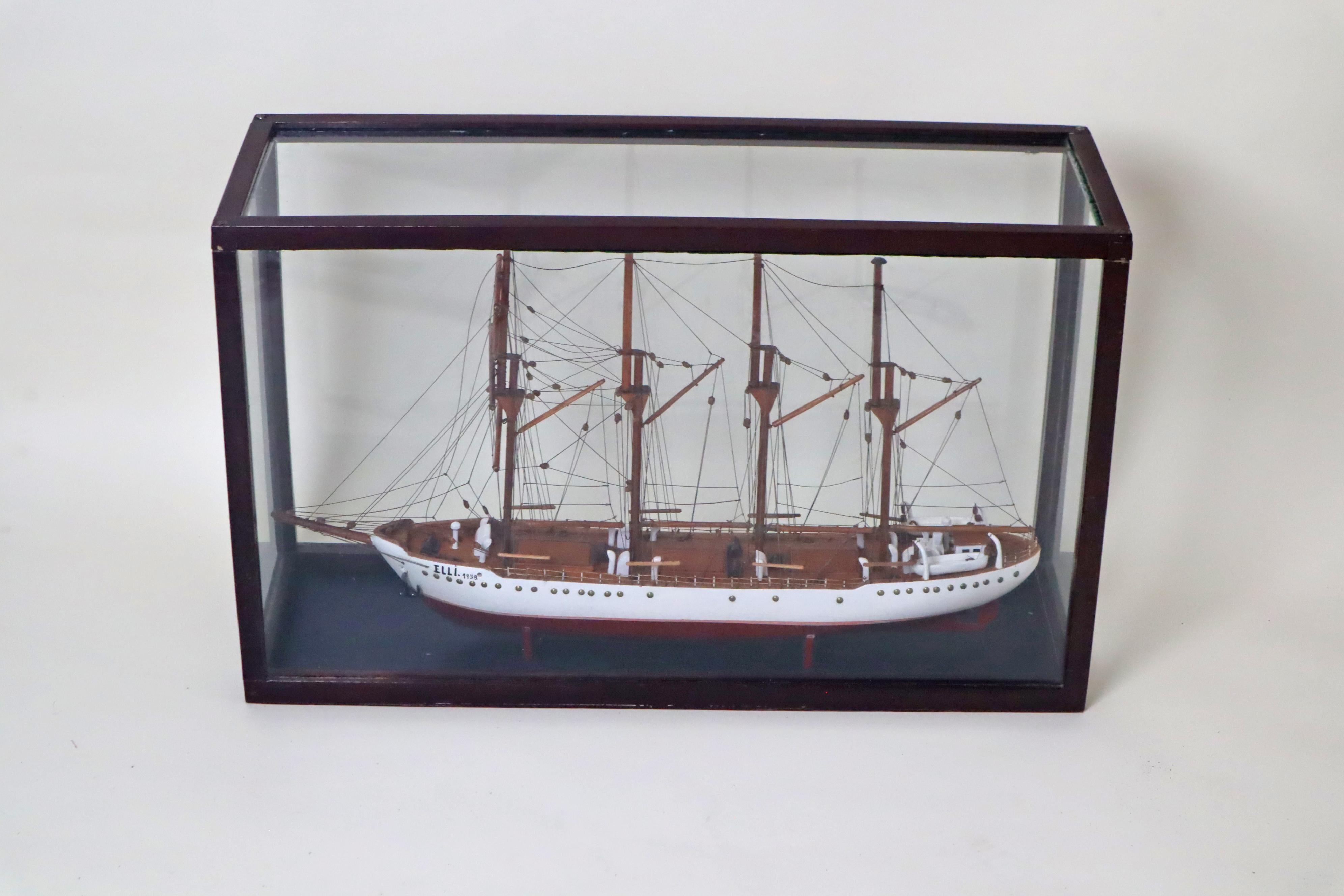 Hand-Painted Sailing Training Ship Full-Rigged Ship Elli in the Display Case 1958 Denmark For Sale