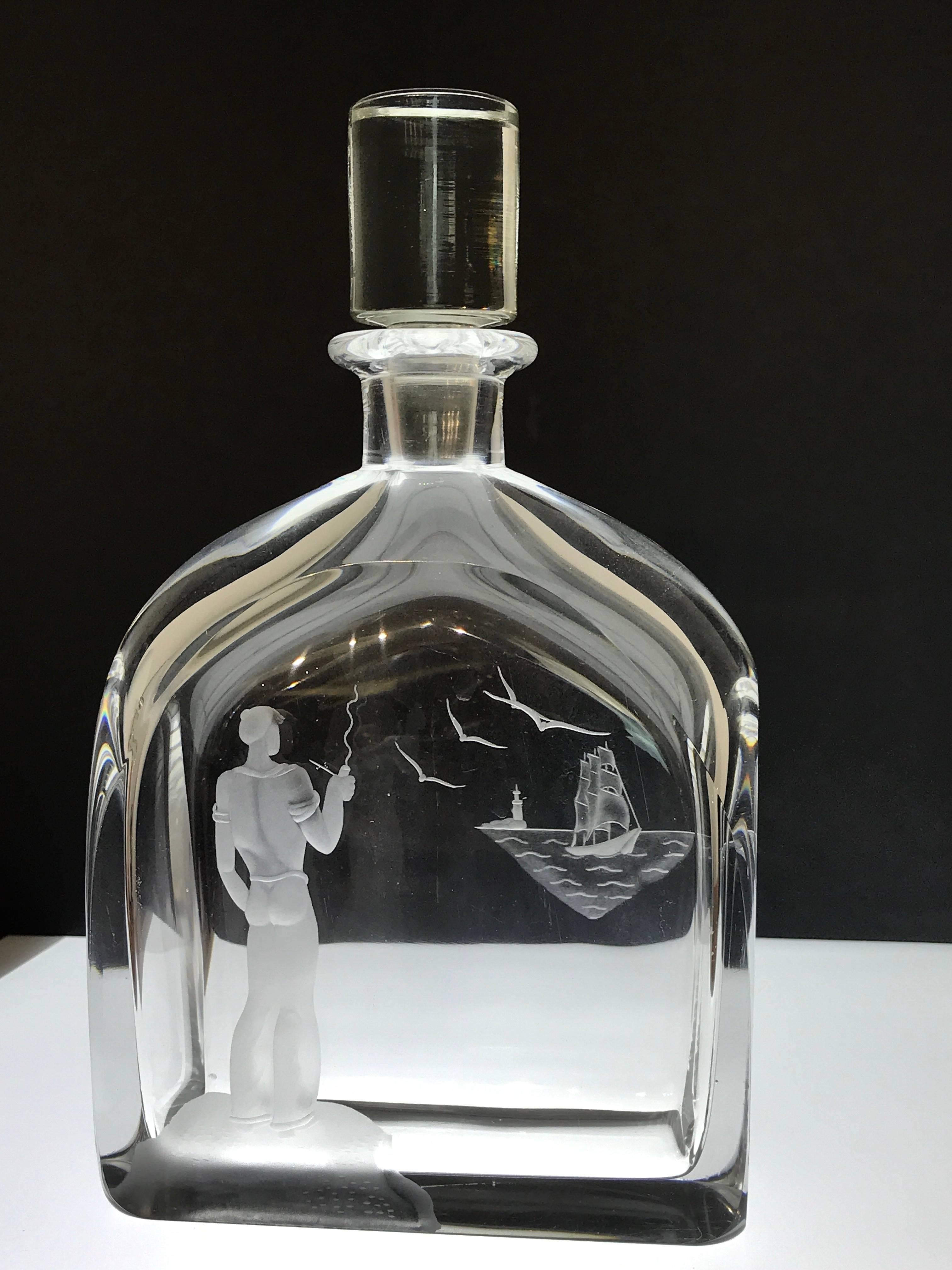 Mid-Century Modern Sailor and Ship Motif Decanter, in the Style of Vicke Lindstrand