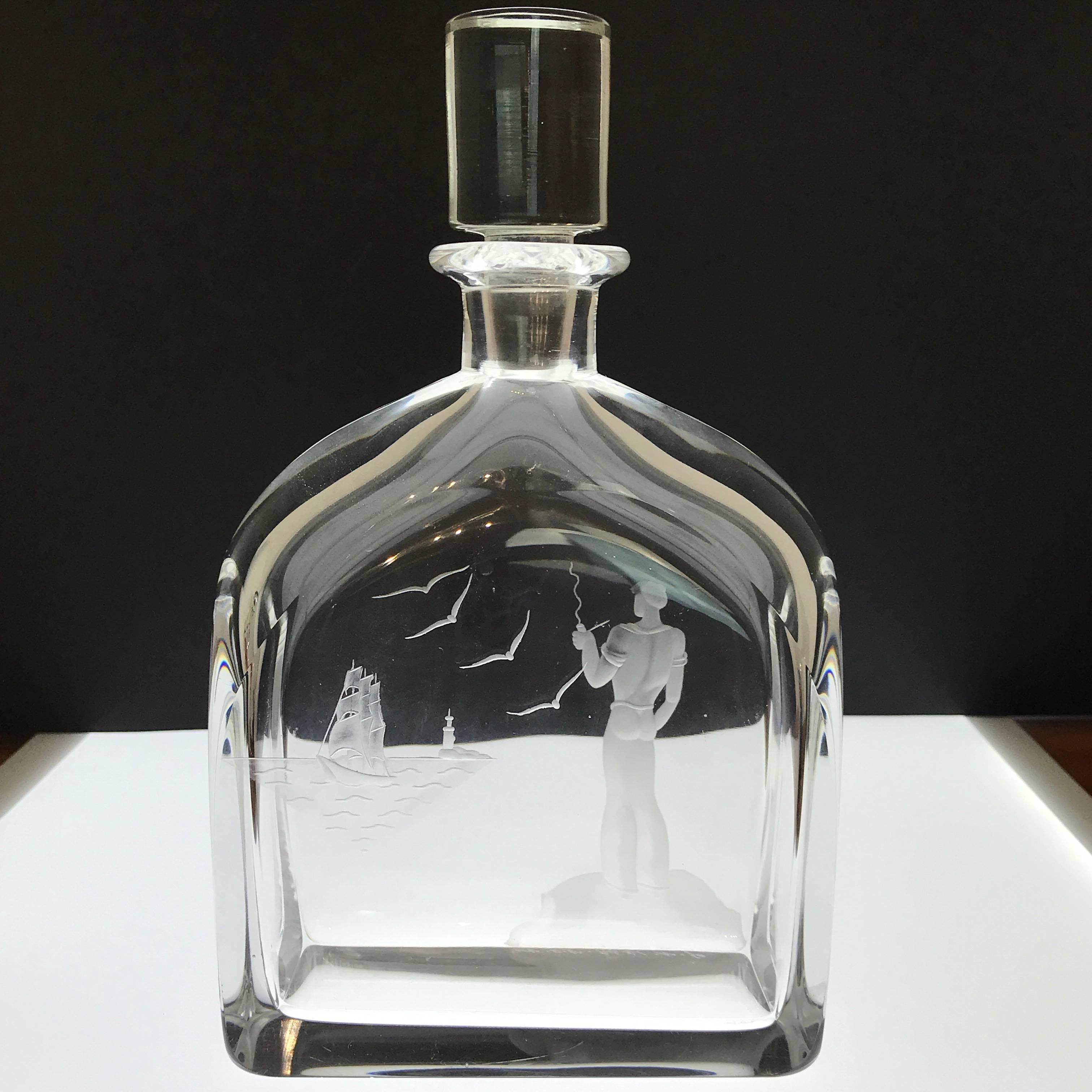 Scandinavian Sailor and Ship Motif Decanter, in the Style of Vicke Lindstrand