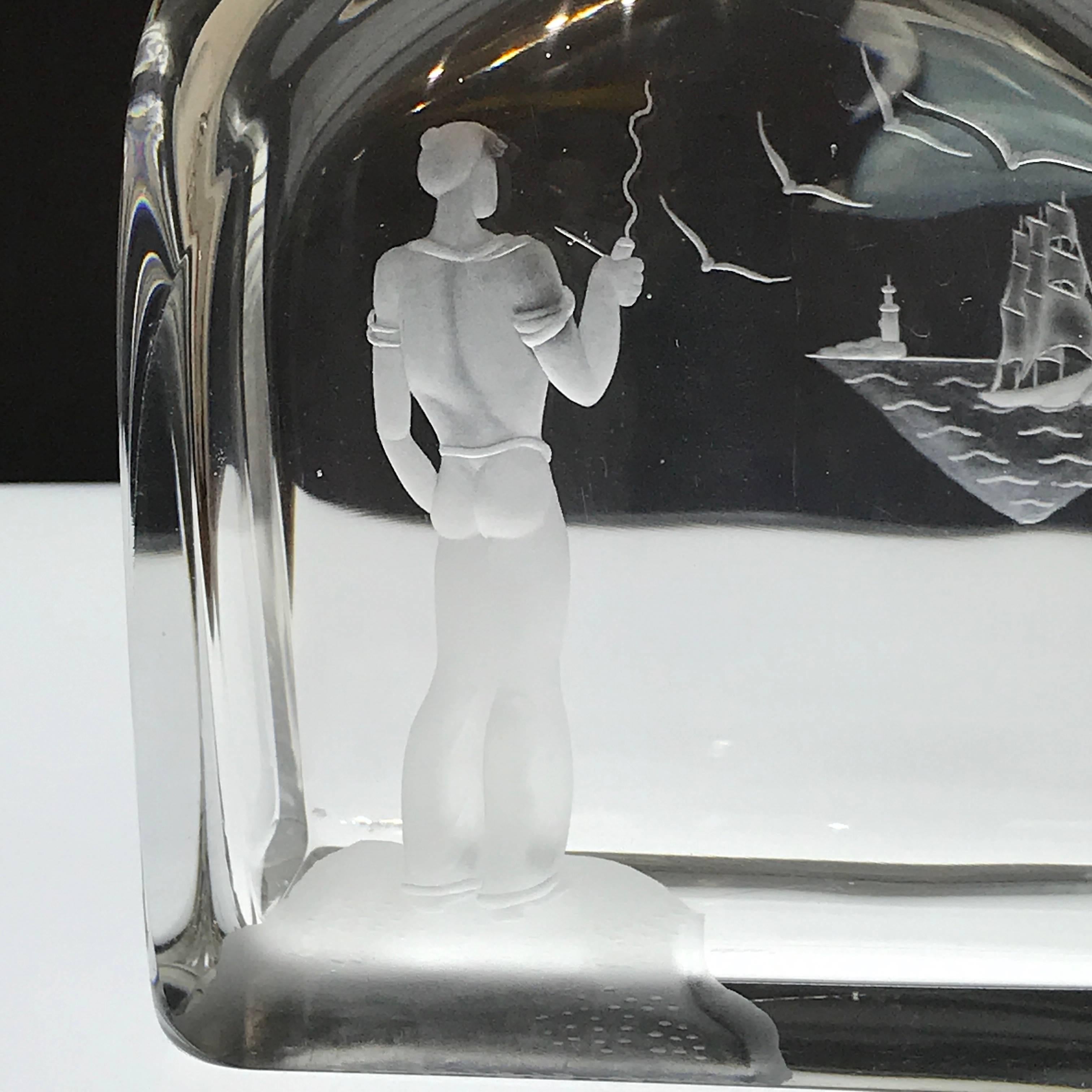Engraved Sailor and Ship Motif Decanter, in the Style of Vicke Lindstrand