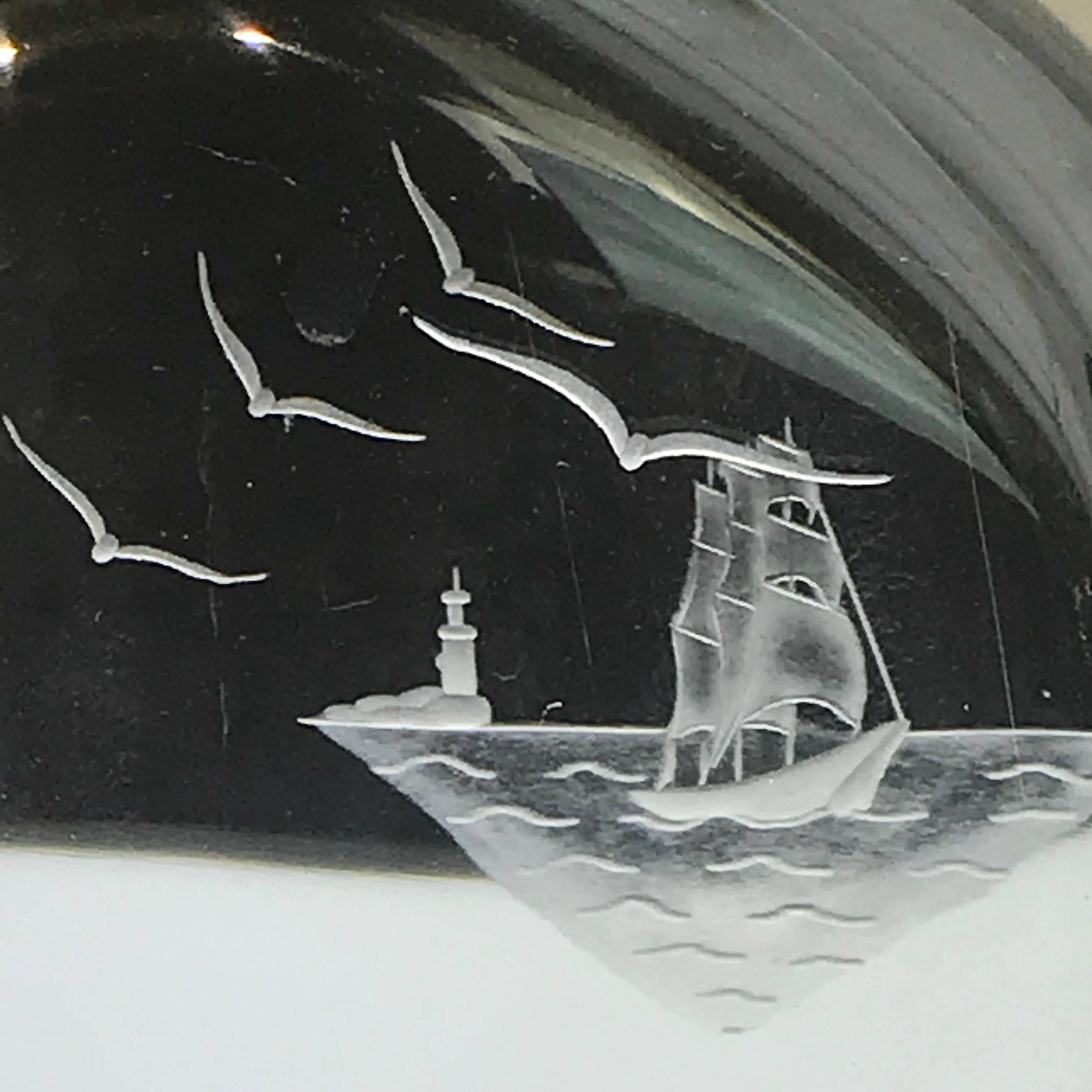Crystal Sailor and Ship Motif Decanter, in the Style of Vicke Lindstrand