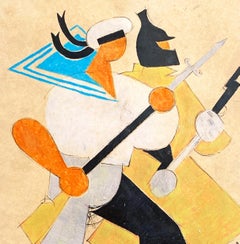 "Sailor and Soldier, " Russian Painting w/ Bold Geometries in Black and Sky Blue