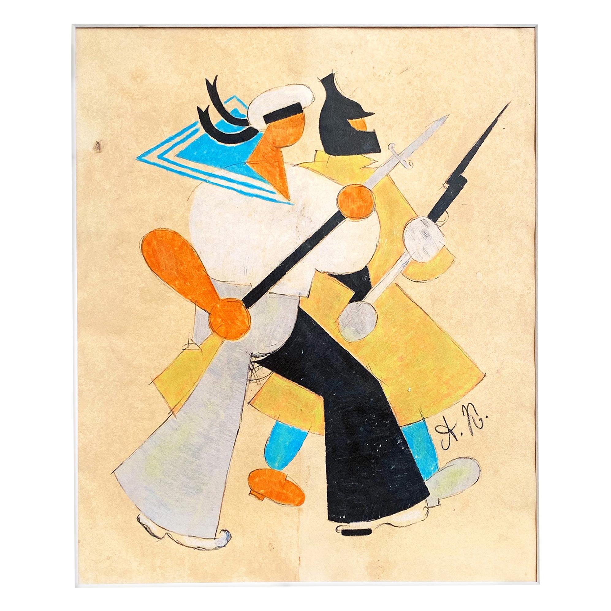 "Sailor and Soldier, " Russian Painting w/ Bold Geometries in Black and Sky Blue For Sale
