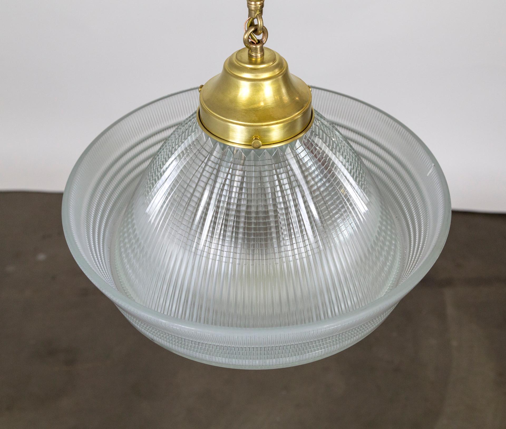 20th Century Sailor Hat Holophane Glass Pendant w/ Brass Stem For Sale