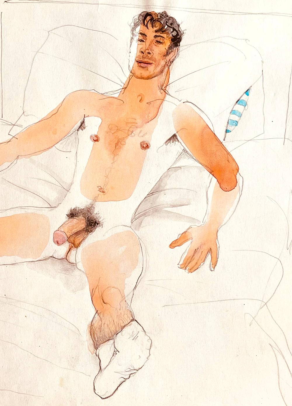 Diese provokante und unverblümte Aquarelldarstellung eines völlig nackten Matrosen, der sich auf seinem Bett ausstreckt, während seine Uniform und seine Mütze ordentlich auf einem Stuhl zur Seite liegen, wurde von Emlen Etting gemalt, einem Maler