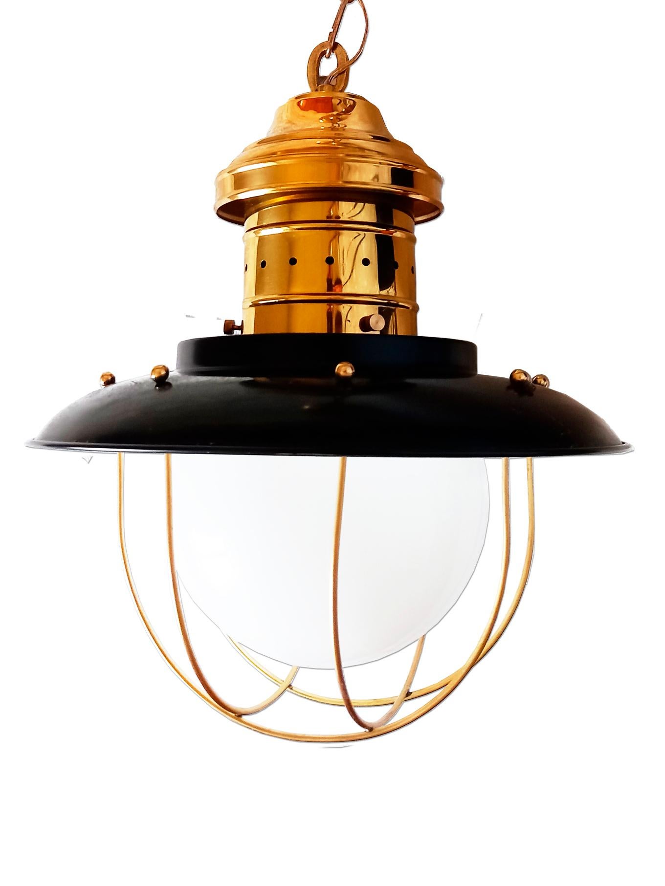 Italian Lantern Sailor Style Brass Chandeliers and Pendants  Sailor Style Black and Gold For Sale