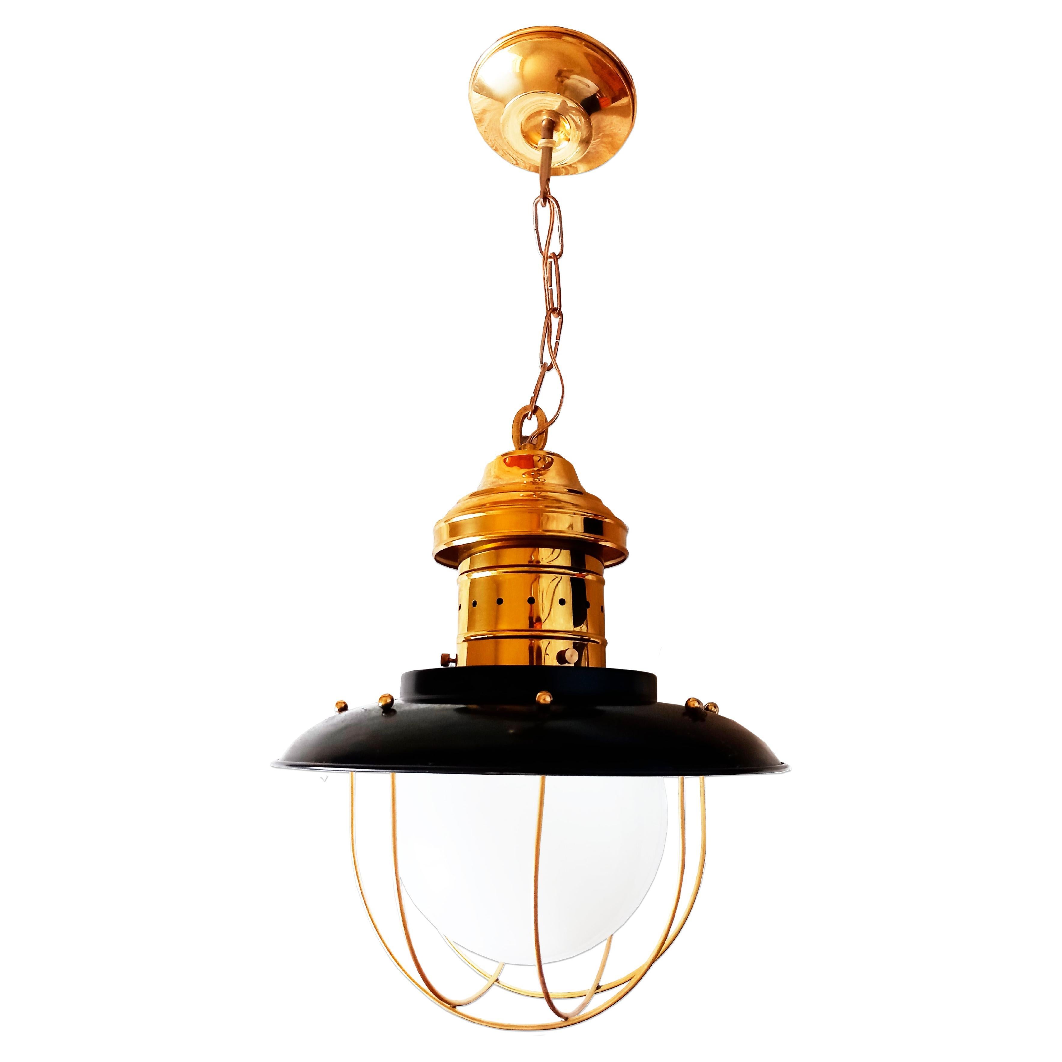 Lantern Sailor Style Brass Chandeliers and Pendants  Sailor Style Black and Gold For Sale