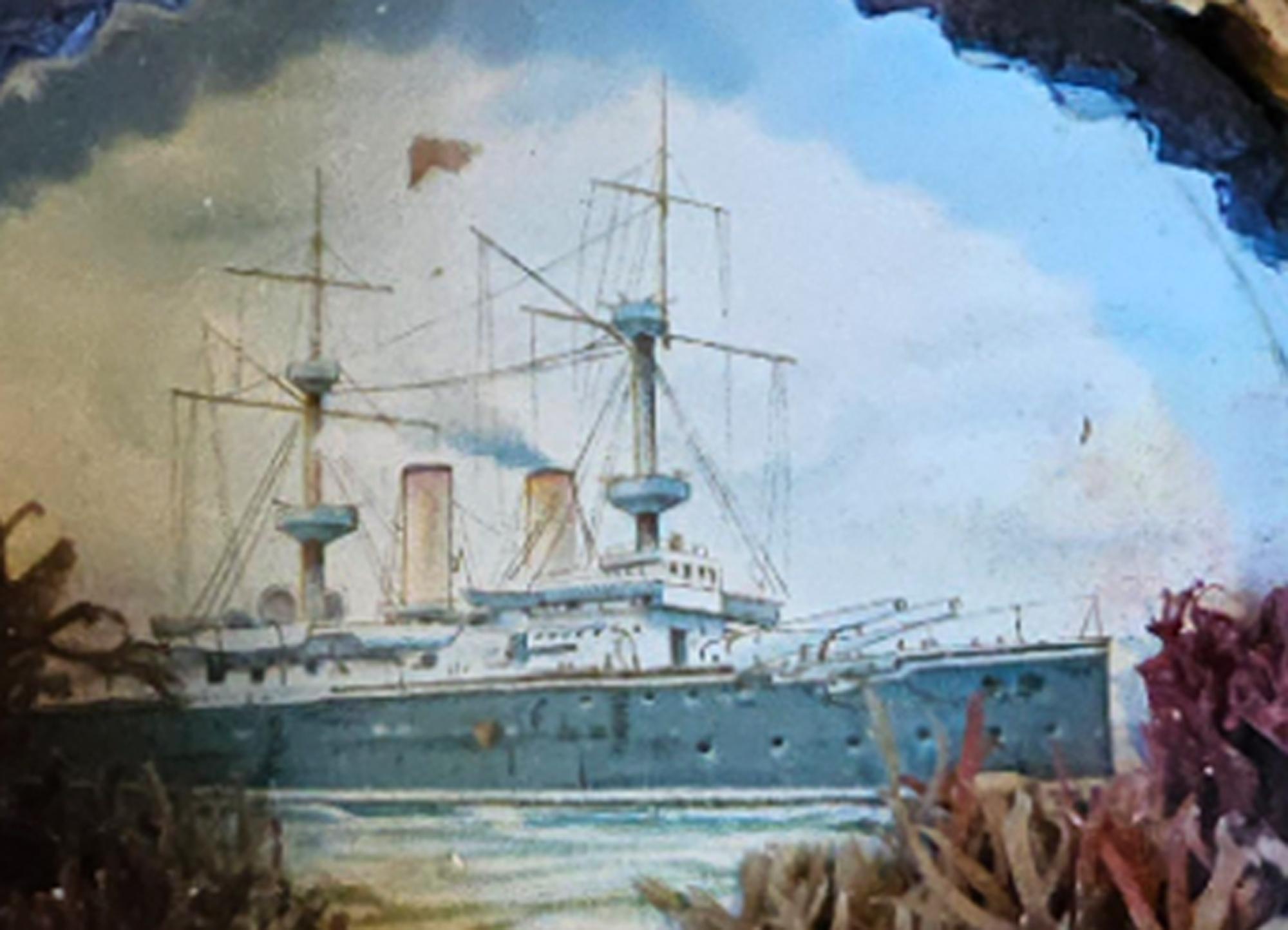 Sailor's Keepsake: Edwardian Shellwork Valentine Diorama of Ship Arte popular en venta