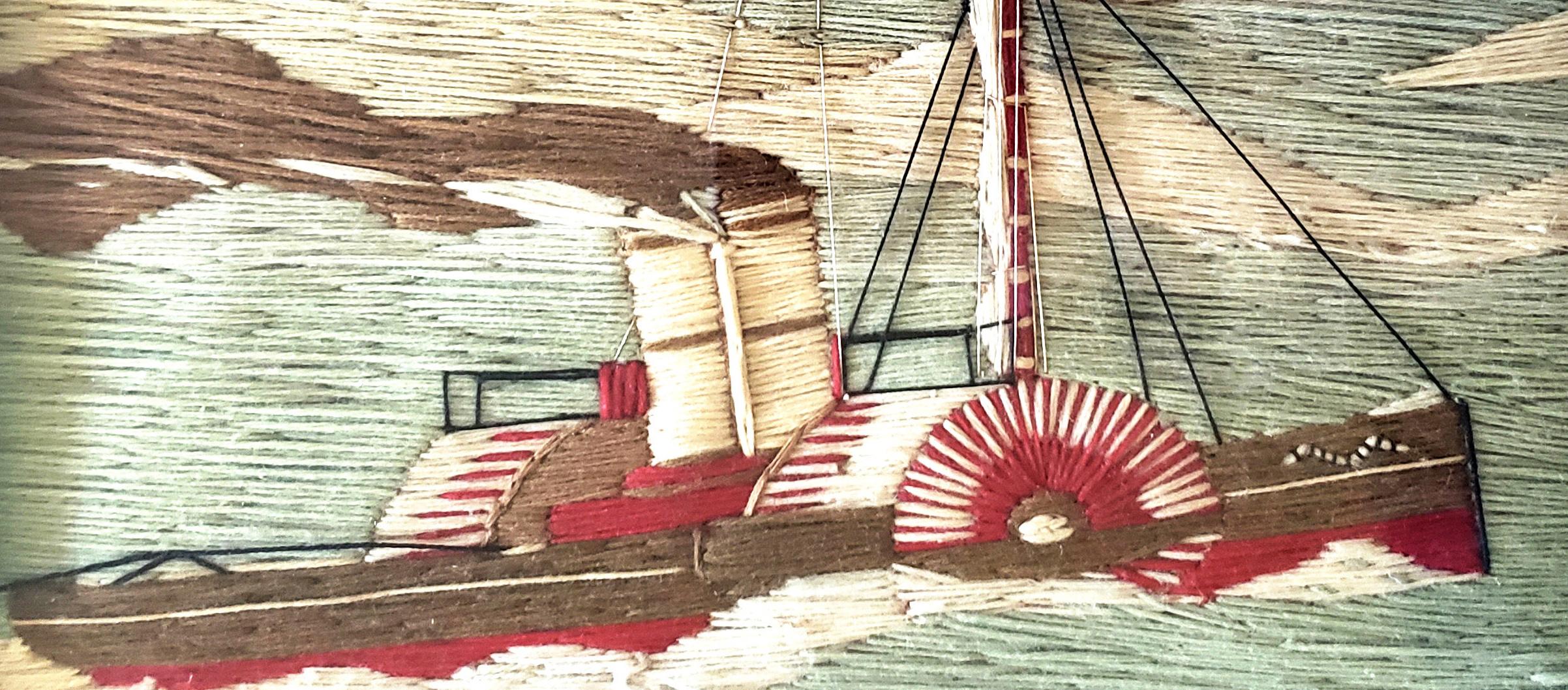 Folk Art Sailor's Small Woolwork of a Paddle-Powered Tugboat