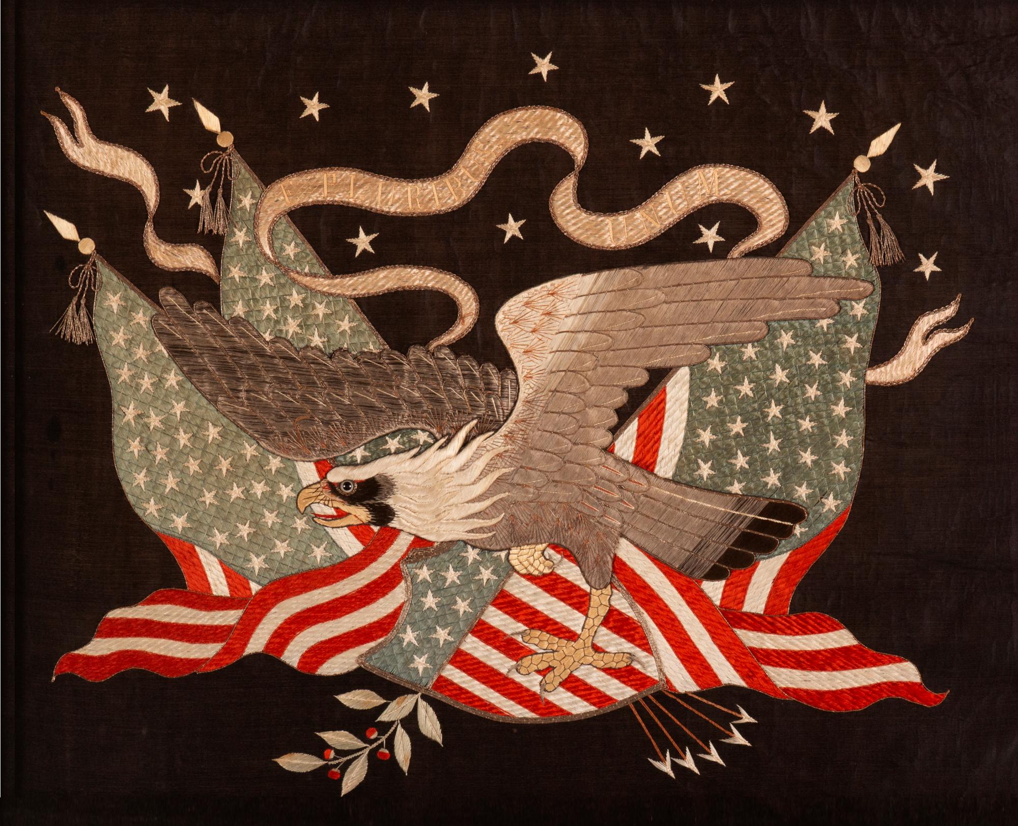 Exceptional sailor’s souvenir embroidery from the orient, with 13 stars, crossed flags, and a federal eagle, perched for flight, on a patriotic shield; significantly larger and more beautiful than what is typically encountered, circa