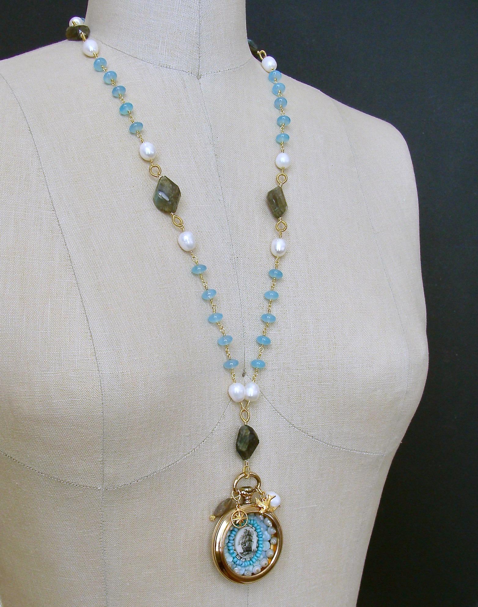 Sailor’s Valentine Pocket Watch Aqua Chalcedony Labradorite Necklace, Antigua In New Condition In Colleyville, TX