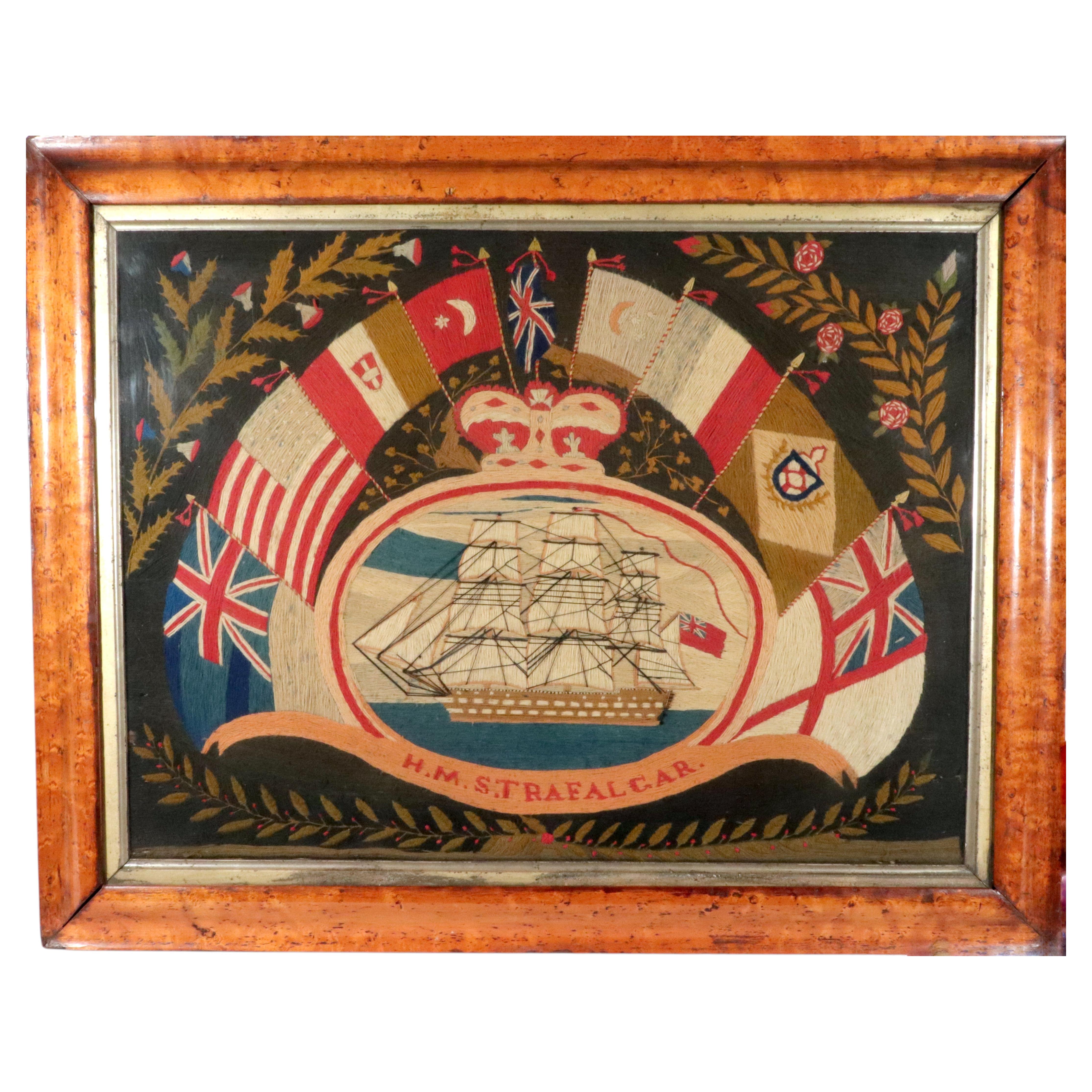 Sailor's Woolwork Flag of Nations, H.M.S. Trafalgar, British, circa 1865 For Sale
