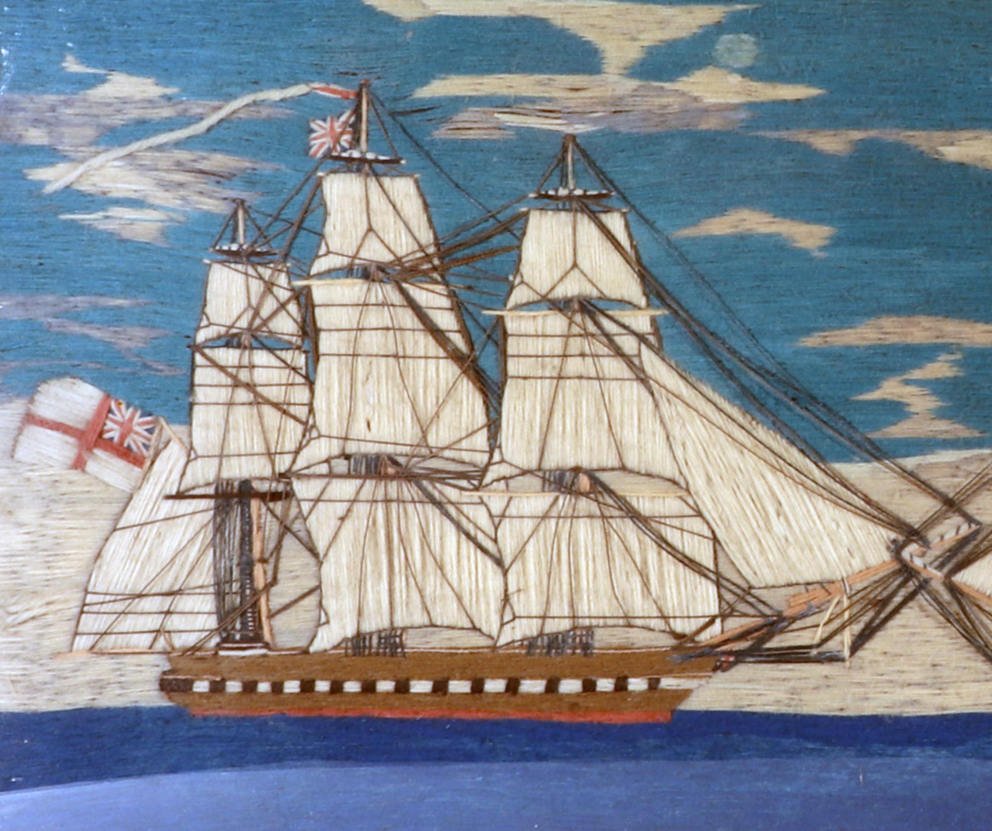 Folk Art Sailor's Woolwork of a Confederate & British Ship Passing on the High Seas For Sale