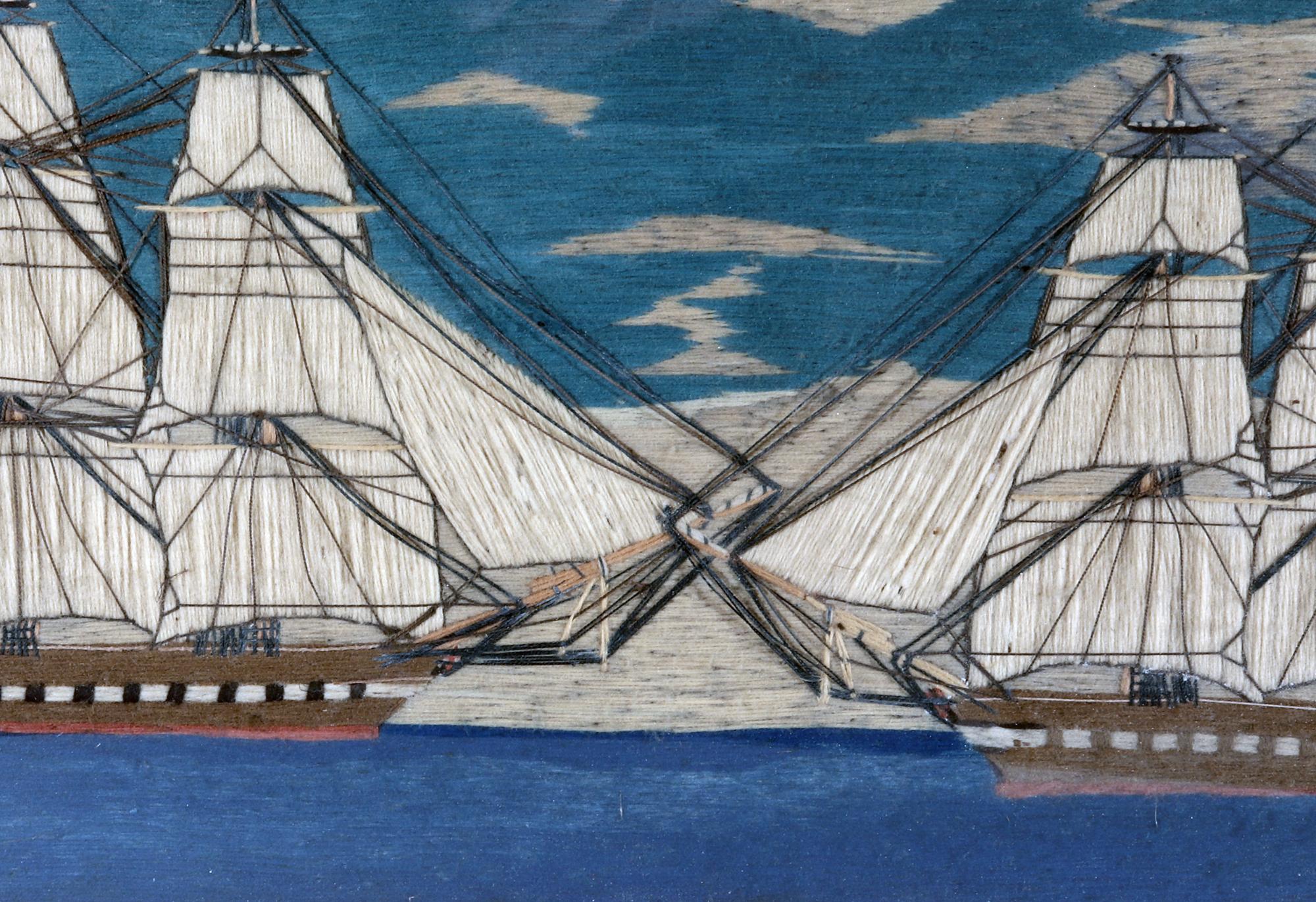 Mid-19th Century Sailor's Woolwork of a Confederate & British Ship Passing on the High Seas For Sale