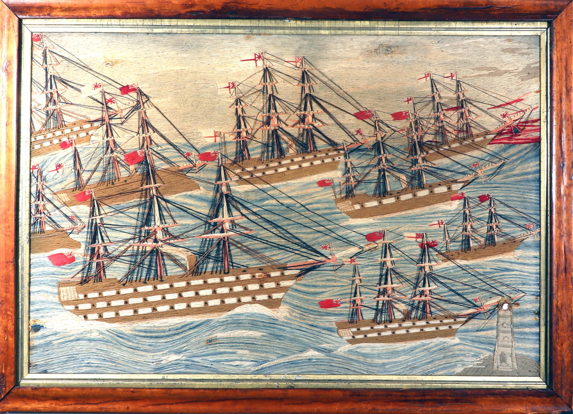 Sailor's woolwork of a fleet of nine royal navy ships,
1875

A wonderful and dramatic sailor's woolie of a starboard view of a fleet of nine Royal Navy ships of a variety of different classes including two ram-bow Ironsides, one probably the