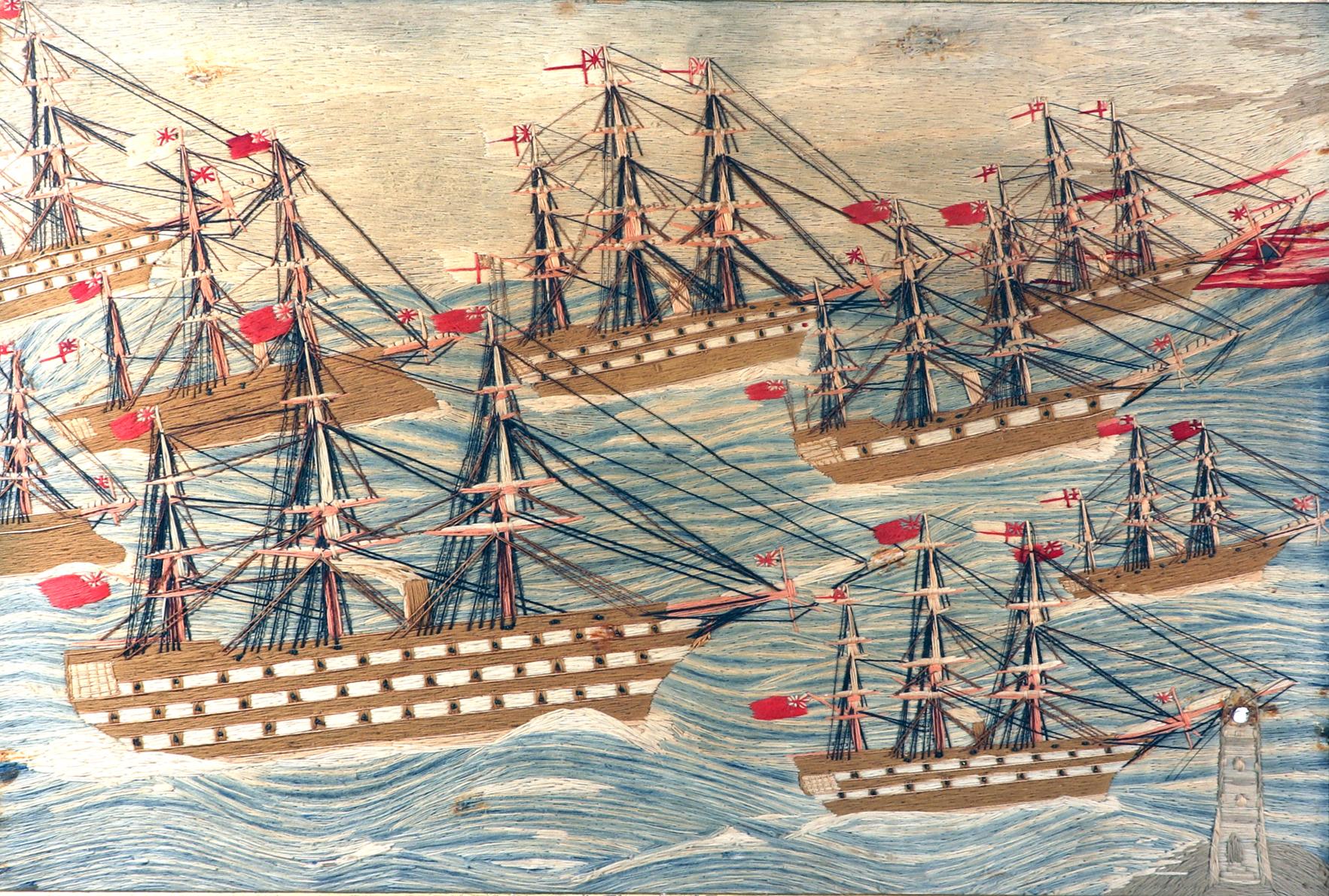 Folk Art Sailor's Woolwork of a Fleet of Nine Royal Navy Ships, 1875