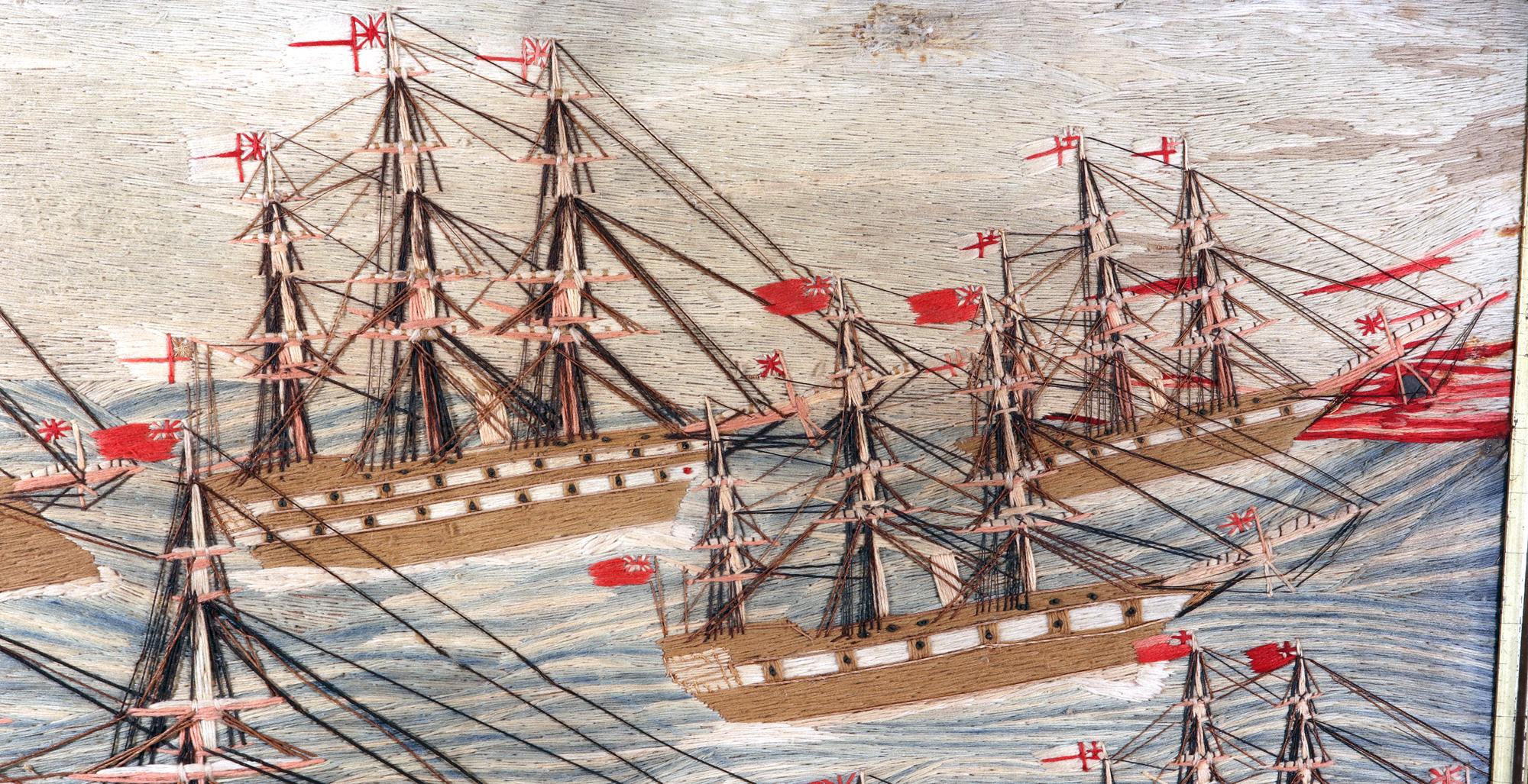 19th Century Sailor's Woolwork of a Fleet of Nine Royal Navy Ships, 1875