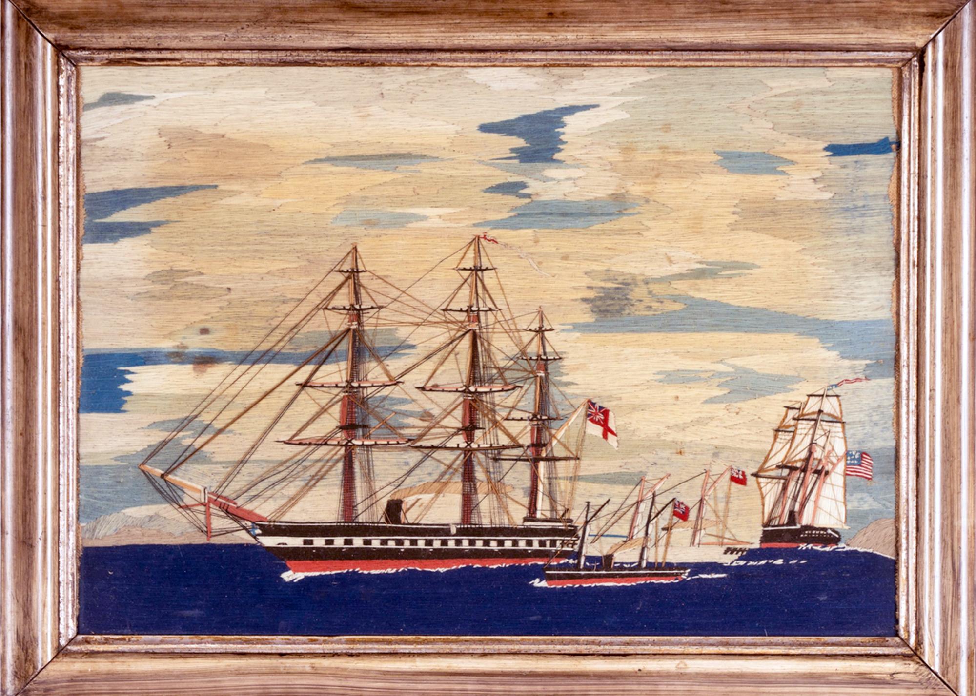 British Sailor's Woolwork with Four Ships including an American Ship,
Circa 1875

The sailor's woolwork depicts the port side view of four ships including an American ship under a cloudy sky.   In the center is a British Royal Navy ship flying the