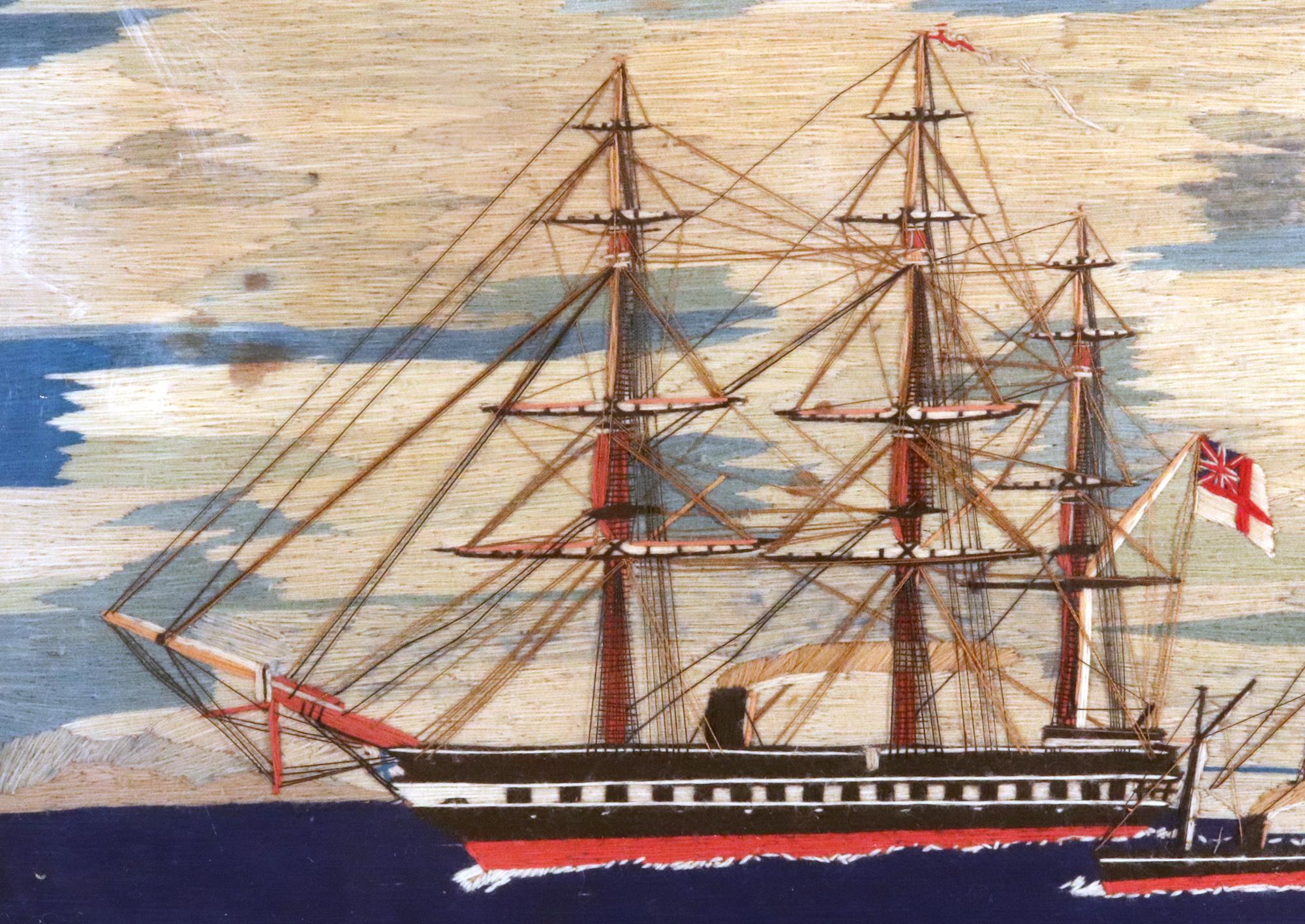Folk Art Sailor's Woolwork of Four Ships including an American Ship