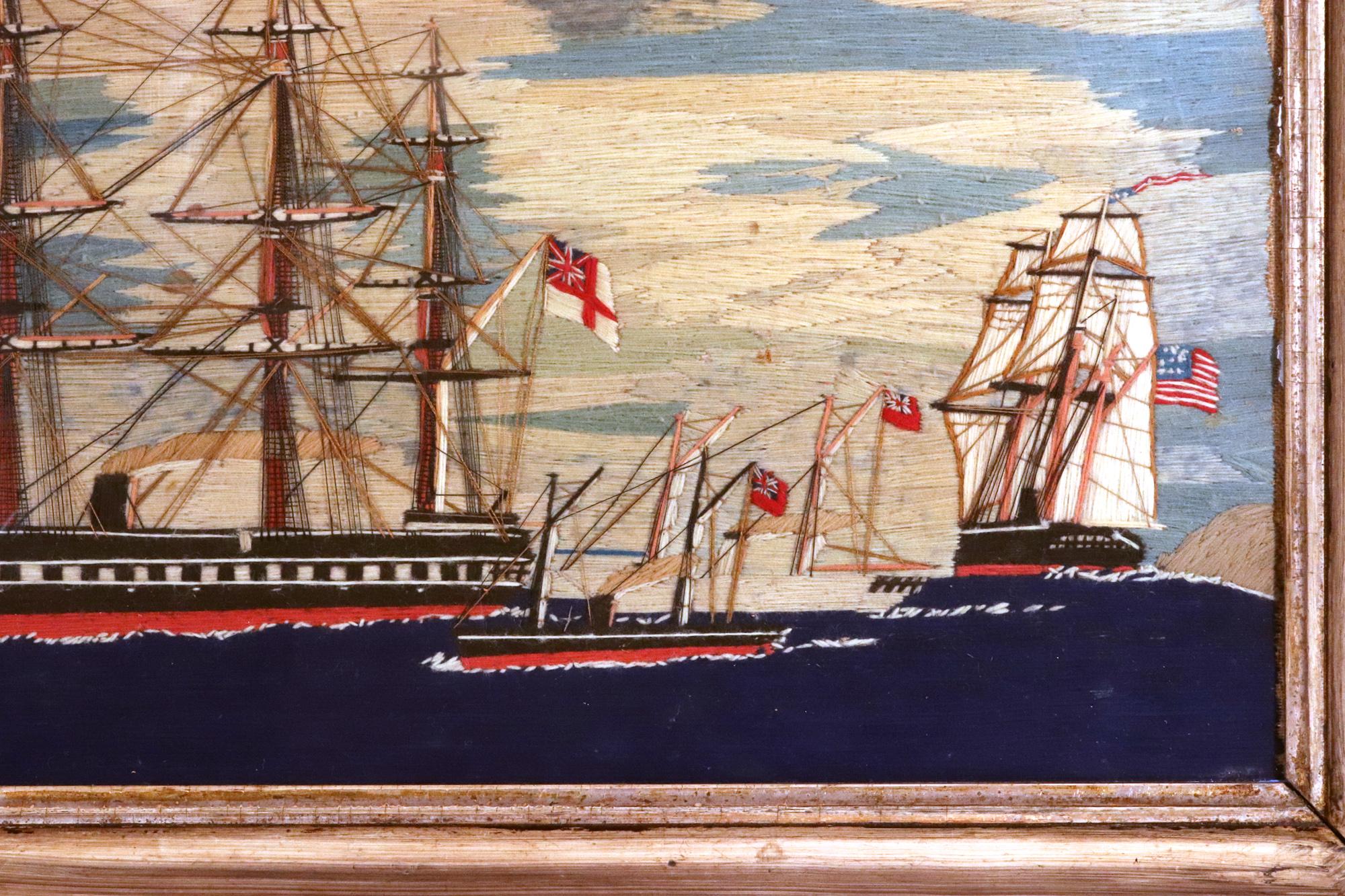 Sailor's Woolwork of Four Ships including an American Ship In Good Condition For Sale In Downingtown, PA
