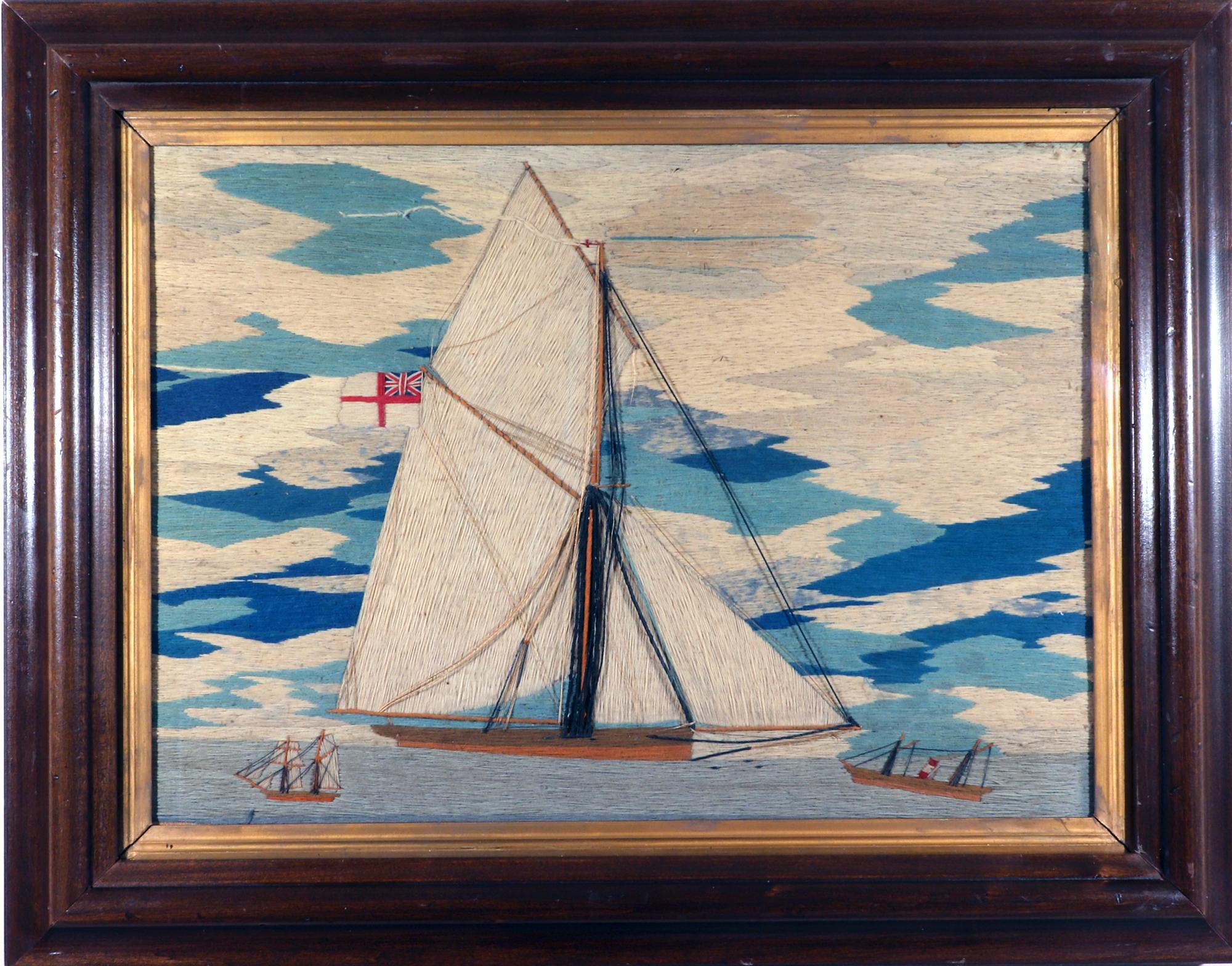 Sailor's Woolwork Woolie of Gaff-Rigged Sloop mit zwei anderen Schiffen aus Wolle (Volkskunst)