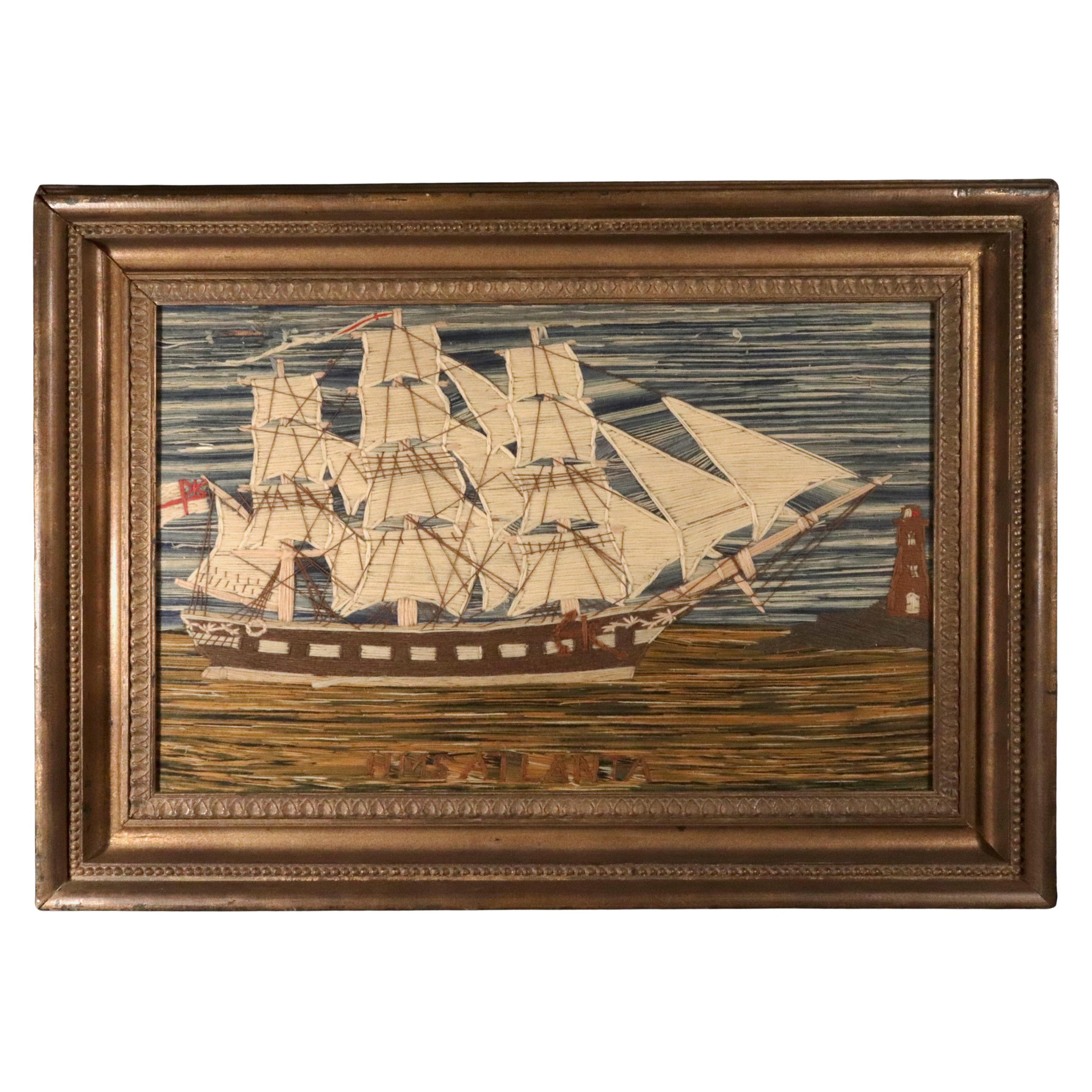 Travaux de couture en laine réalisés par les marins du HMS Atalanta, frégate-école de la Royal Navy, toutes voiles dehors