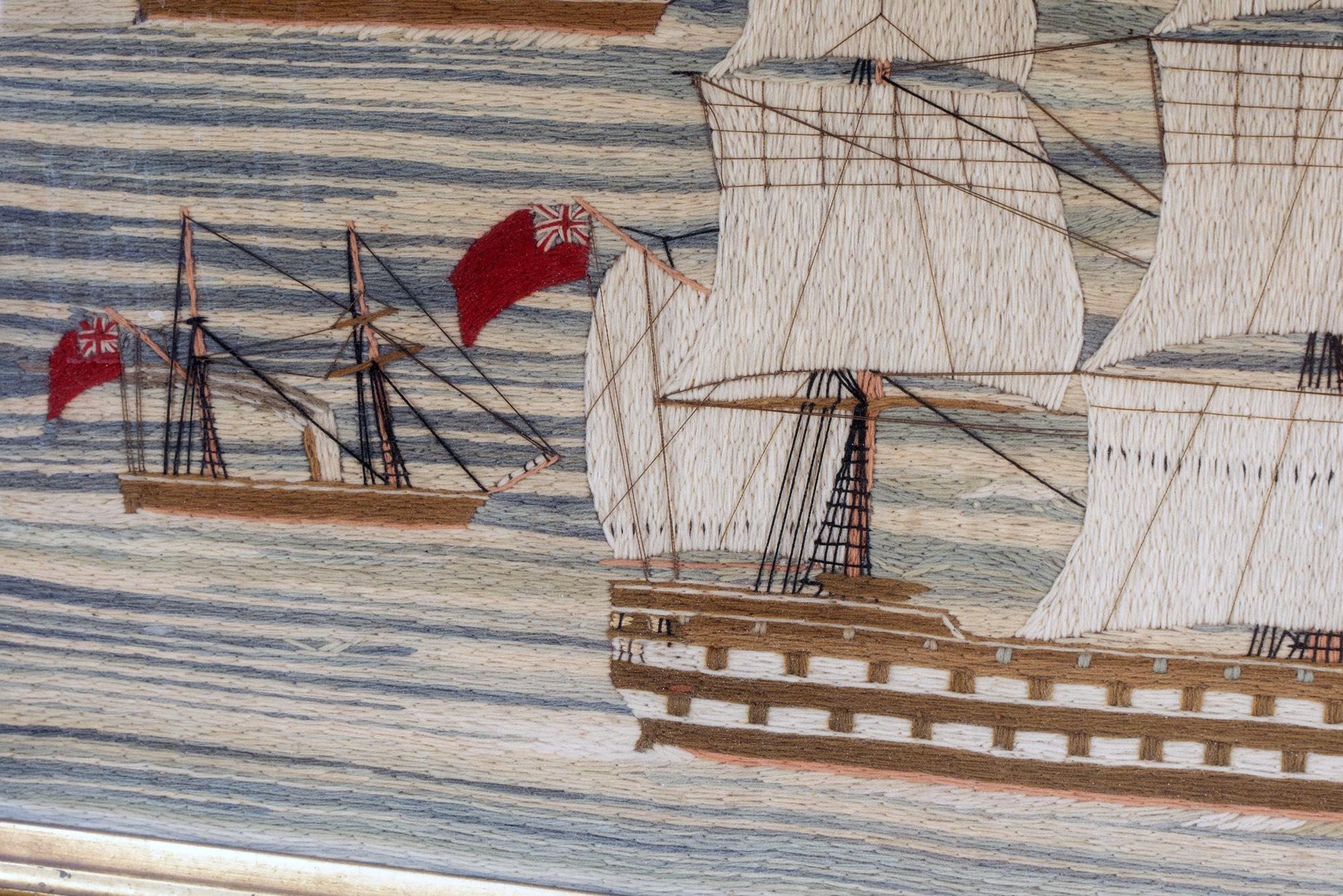 English Sailor's Woolwork of HMS Conqueror Entering Malta Harbor with Five Other Ships