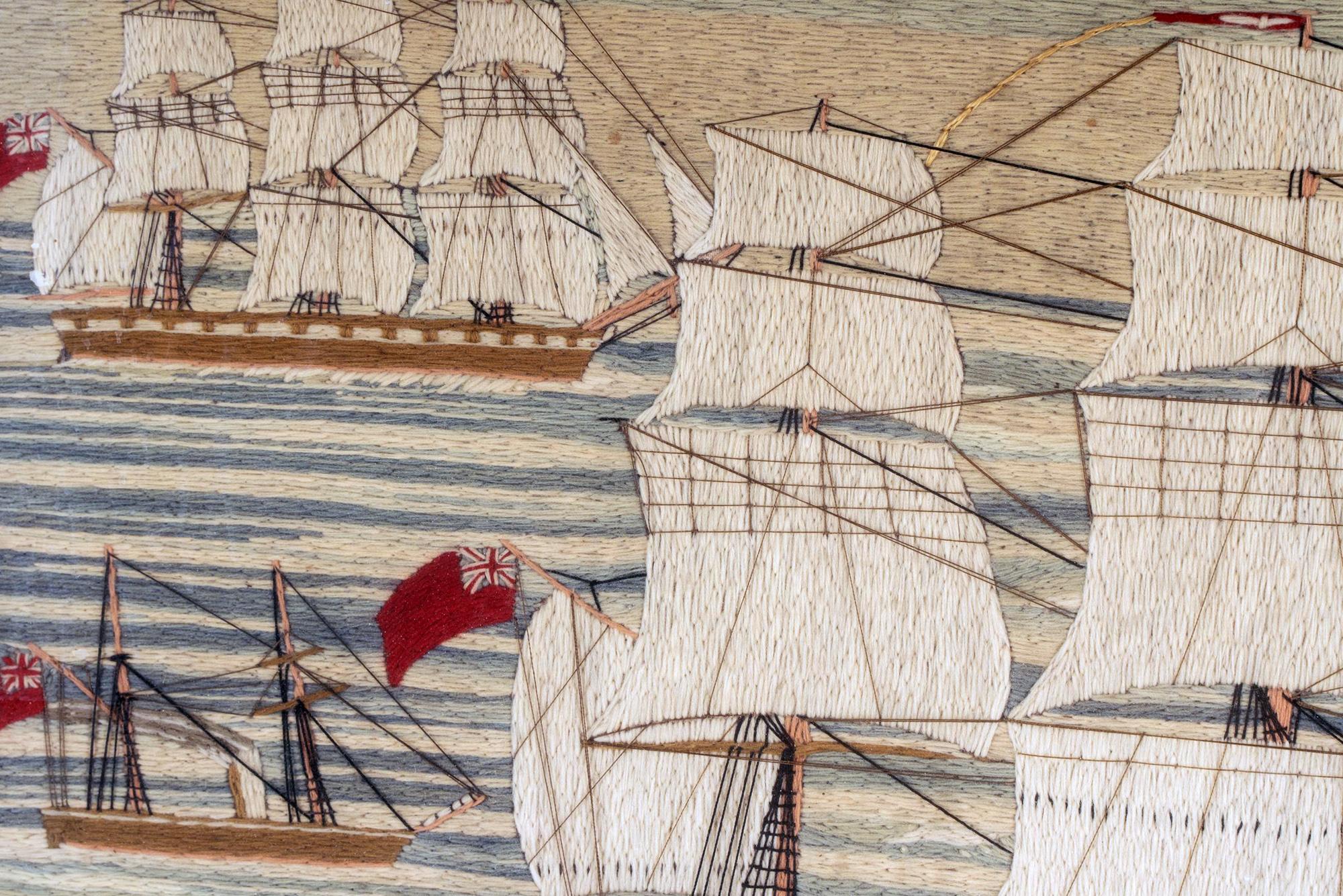 Sailor's Woolwork of HMS Conqueror Entering Malta Harbor with Five Other Ships In Good Condition In Downingtown, PA