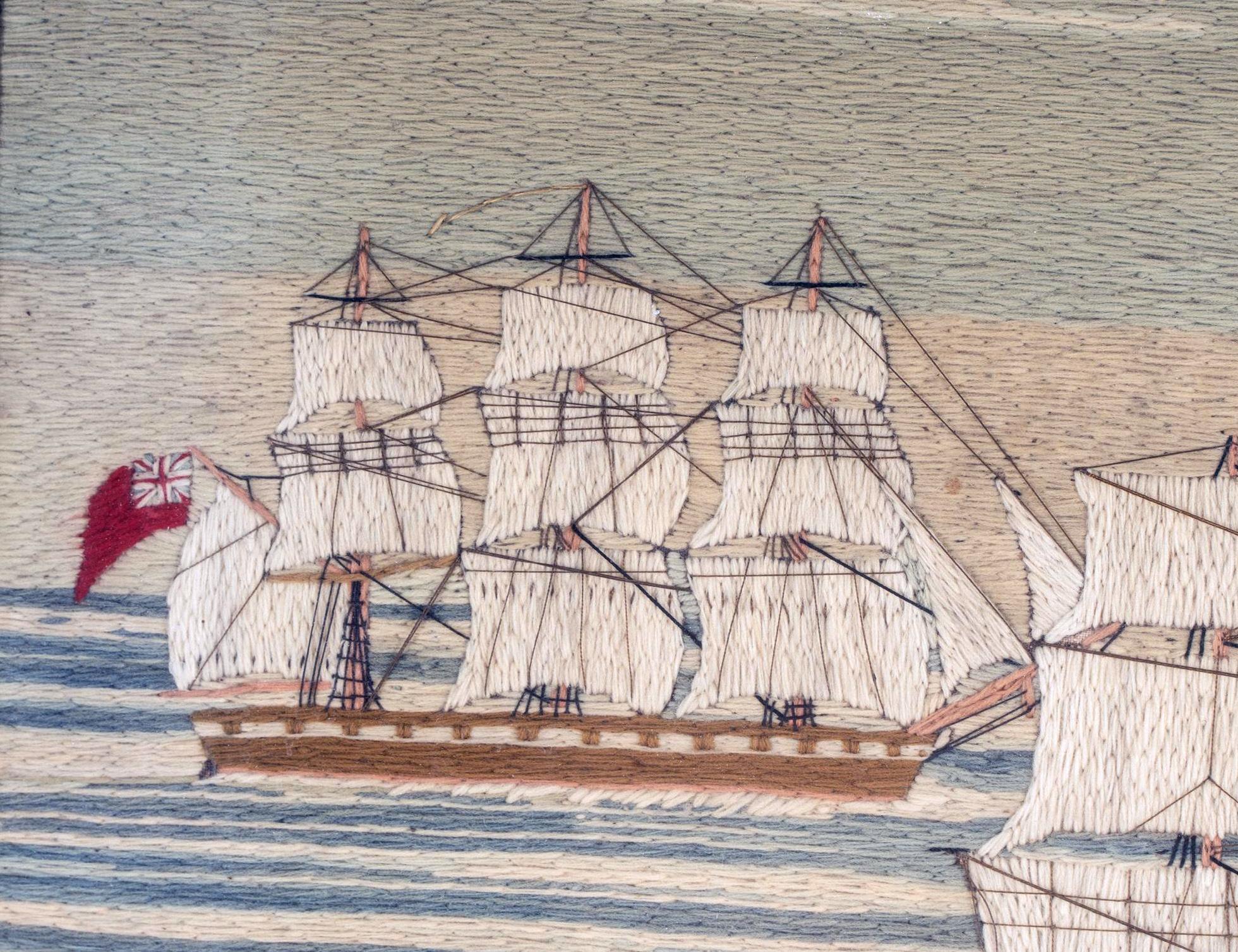 19th Century Sailor's Woolwork of HMS Conqueror Entering Malta Harbor with Five Other Ships